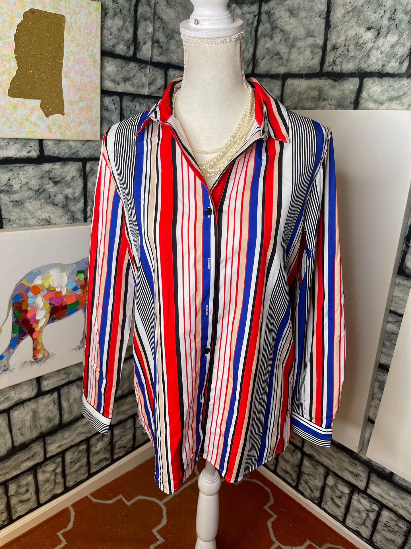 Red White Blue Button Blouse Women sz Medium