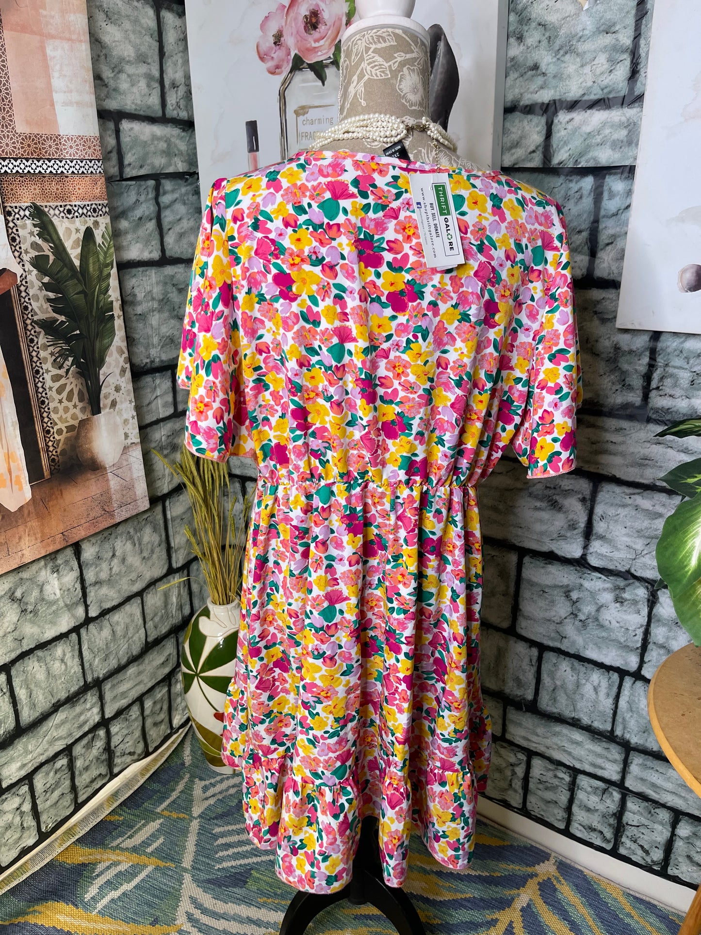 Shein Pink Yellow Floral Dress Women sz 2XL