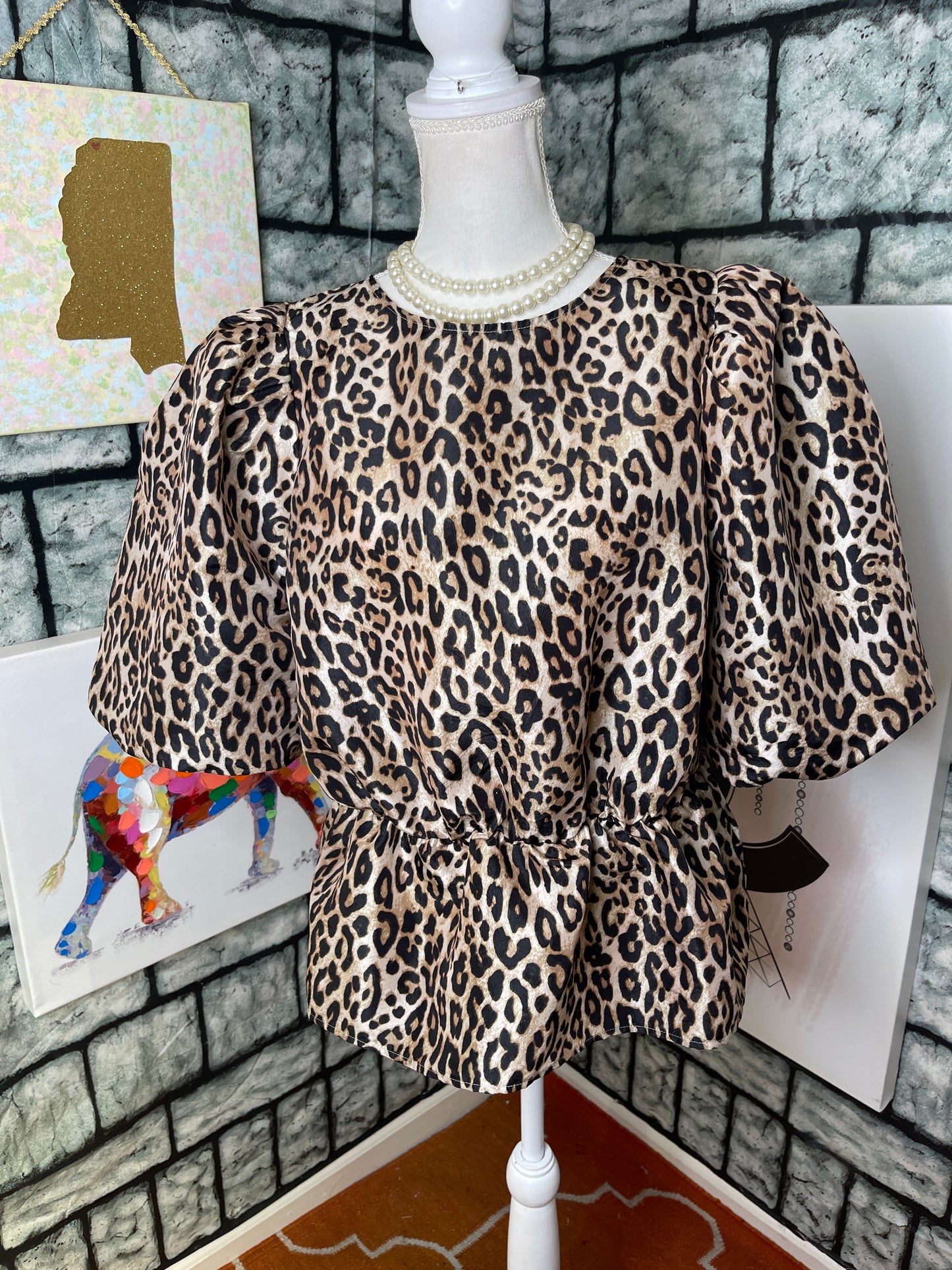H&M Brown Black Animal Print Puff Blouse Women sz Large