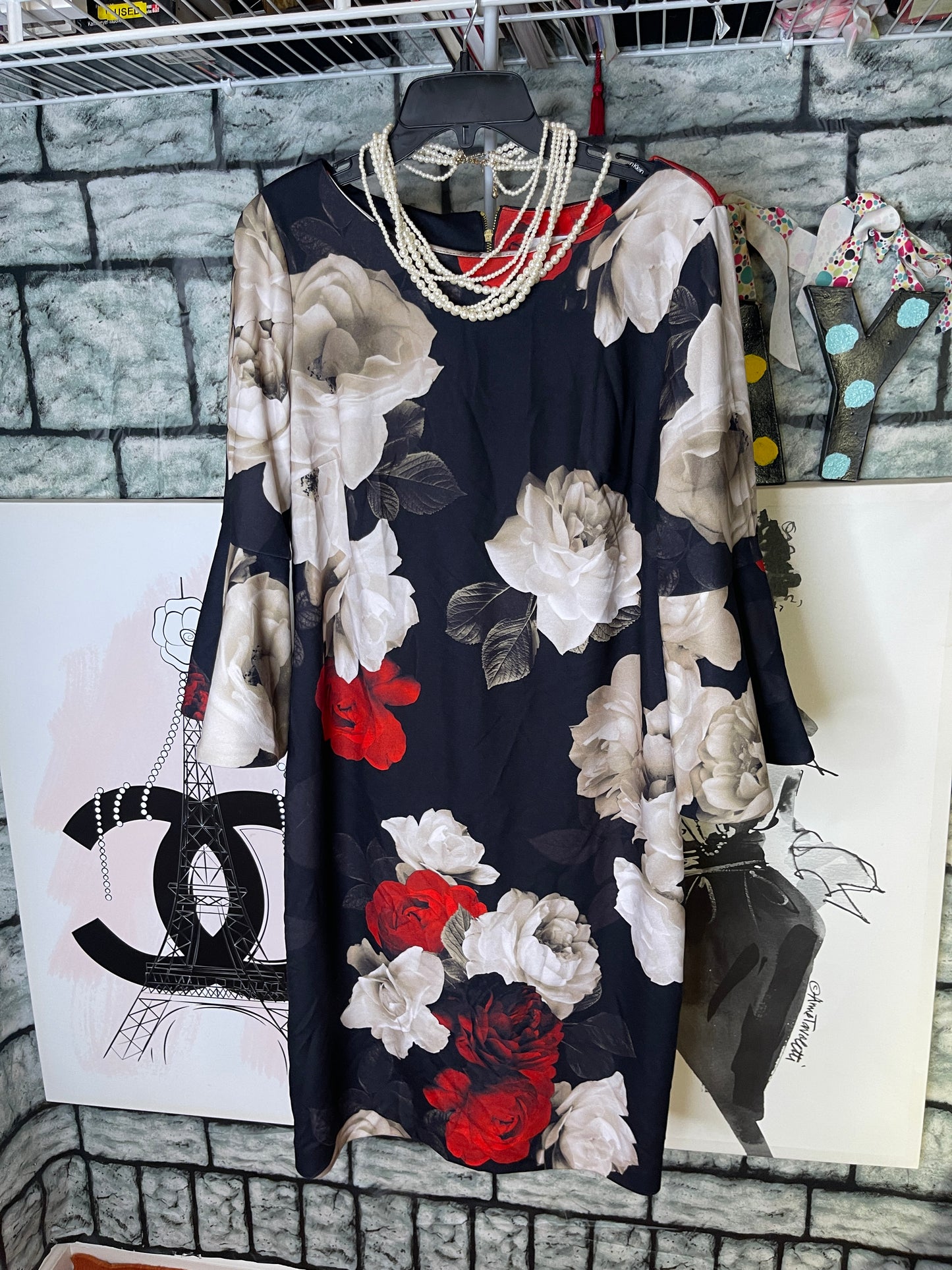 Calvin Kleiin Black Red Floral Dress Women sz 14