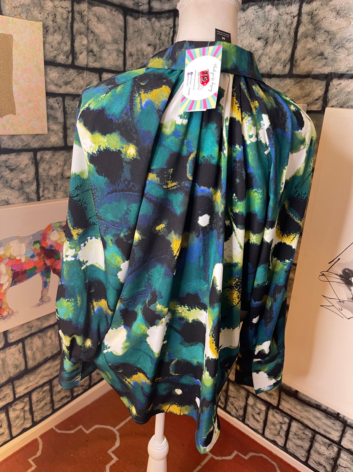 Investments Green Blue Black Button Down Blouse Women Sz Medium