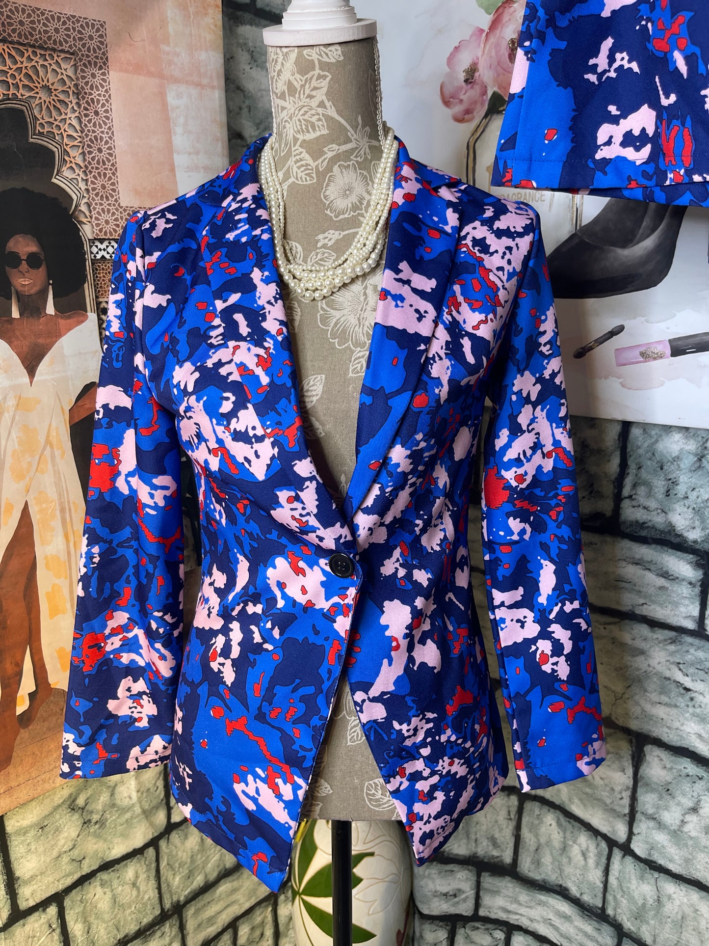 Blue Pink Print Blazer 2 Piece Set Women sz Medium