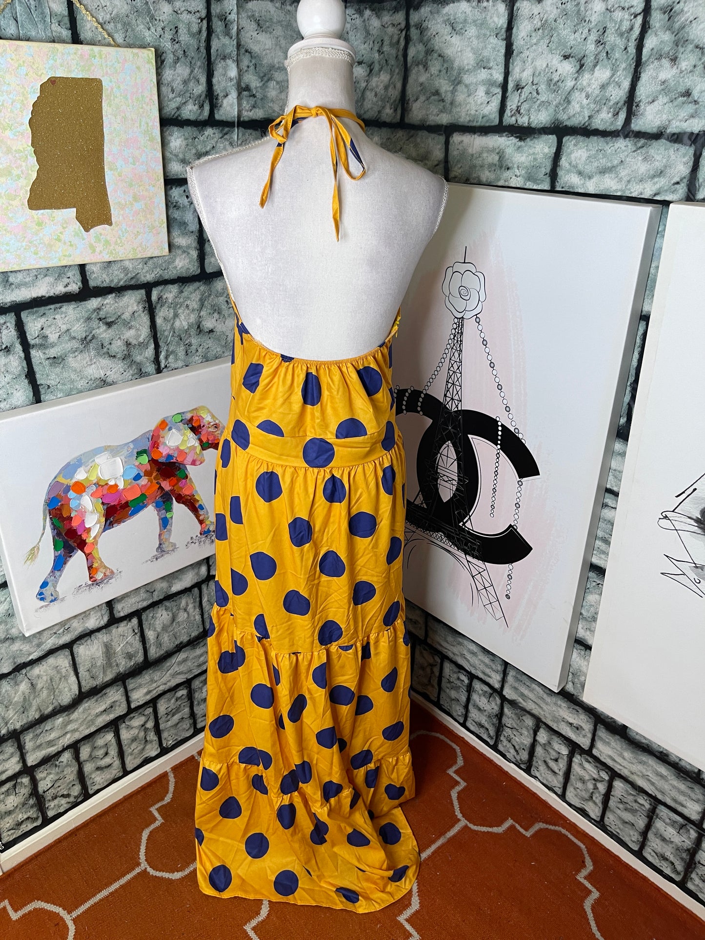 Yellow blue polka dot dress women sz Large