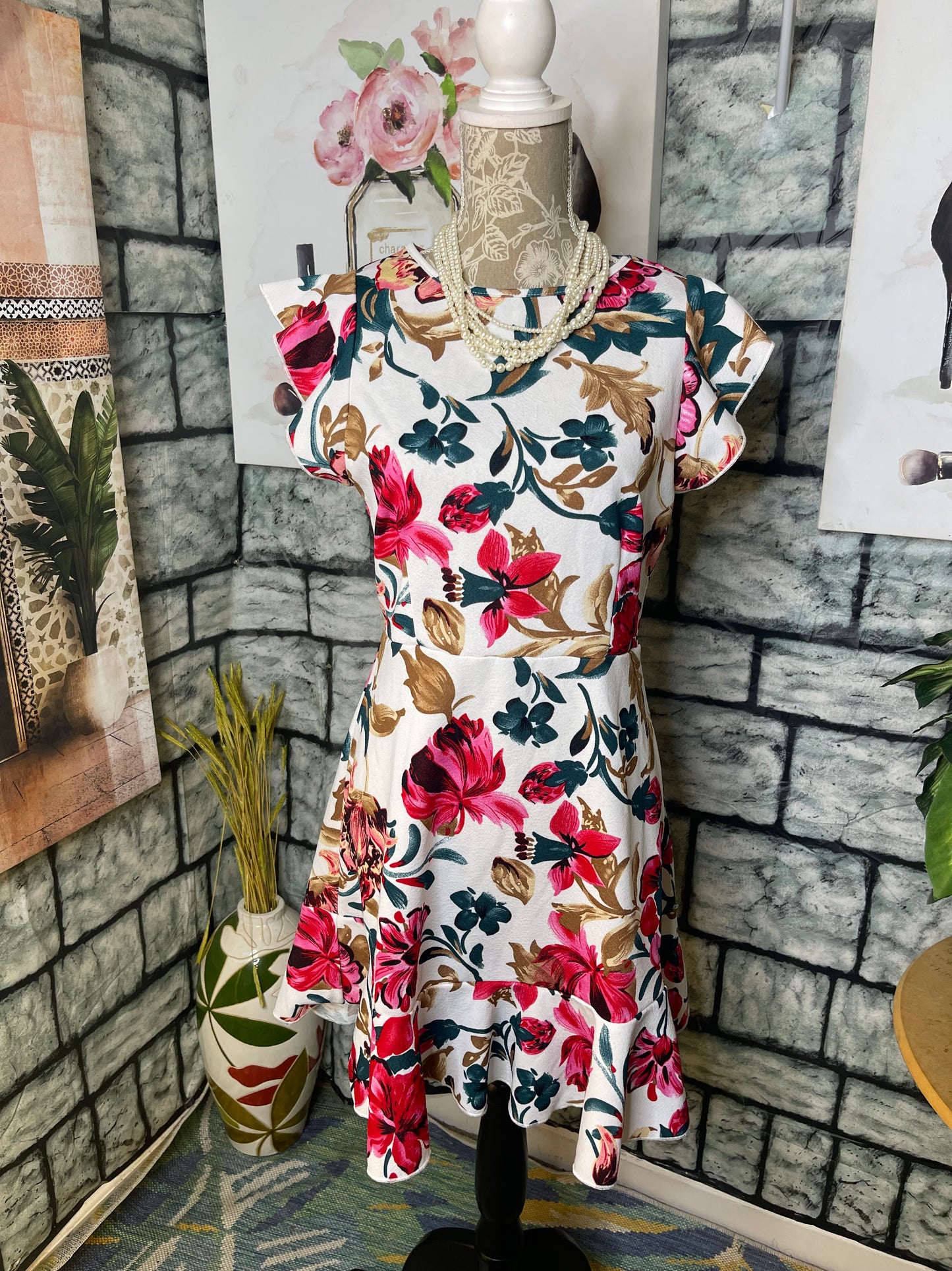 Shein White Pink Green Floral Dress Women sz Large