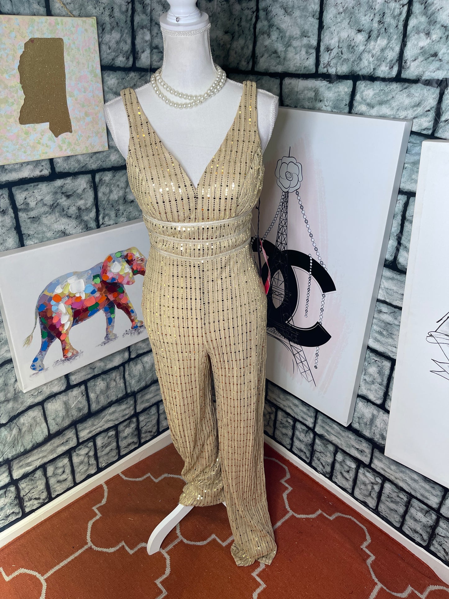New city triangles tan jumpsuit women sz 7