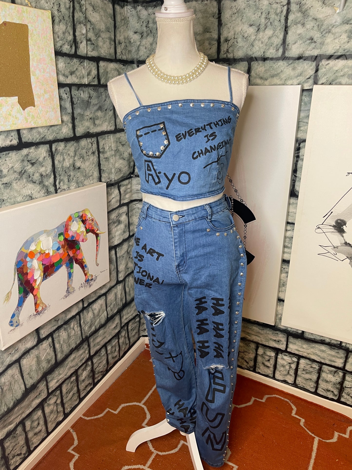 Latiste 2 piece blue jeans pants set women sz medium