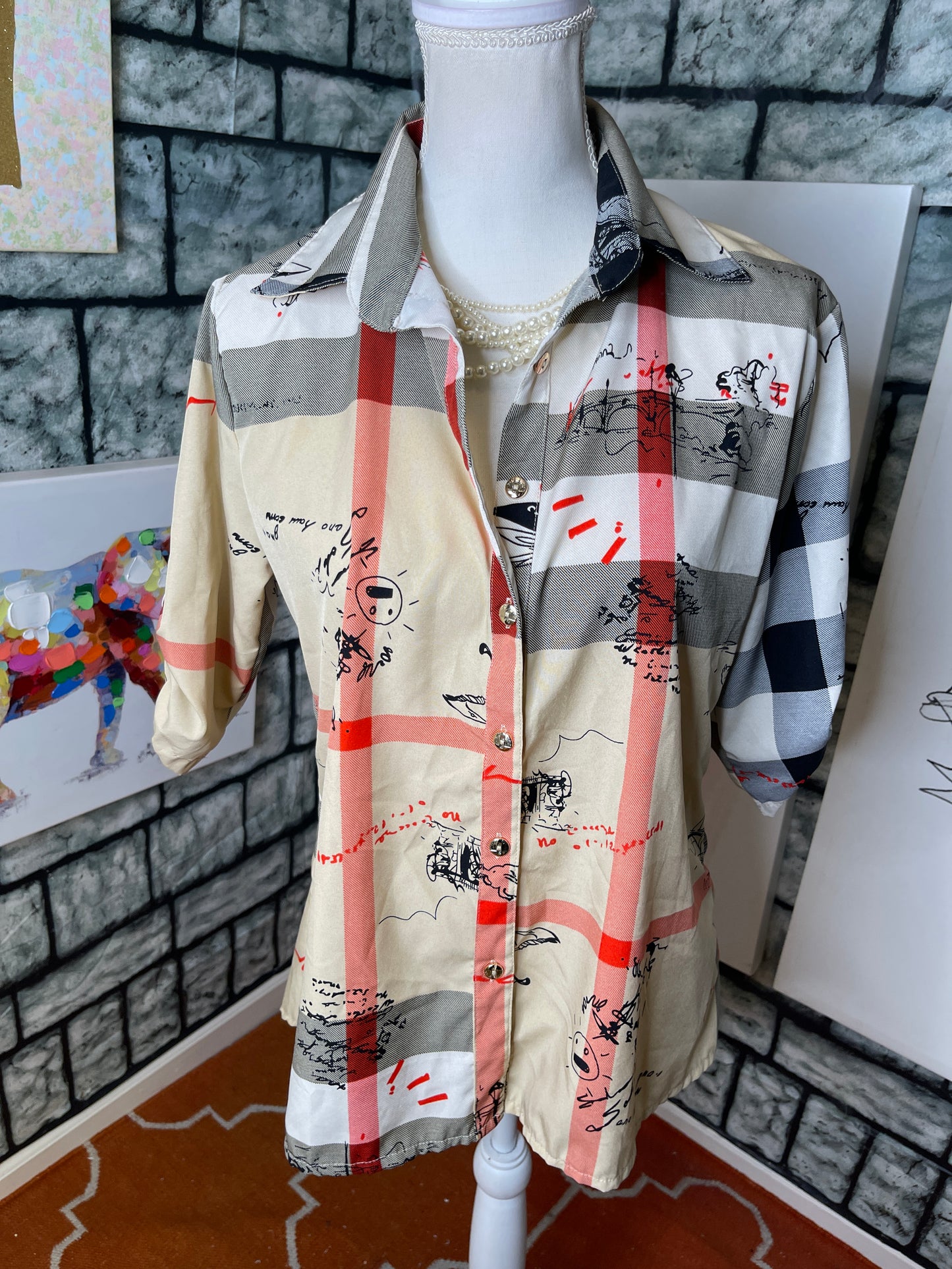 “Burberry” looking brown Blouse Women Sz Medium