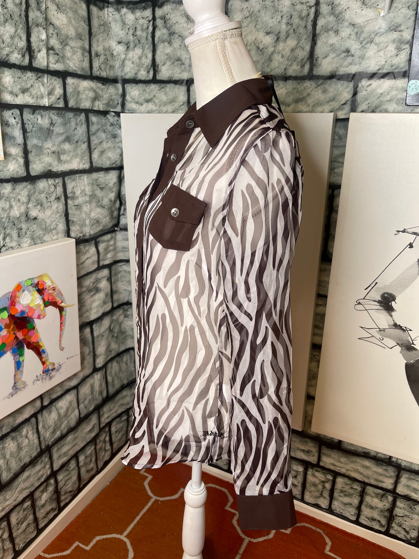 NEW Adiktd Brown White Button Blouse Women sz Medium
