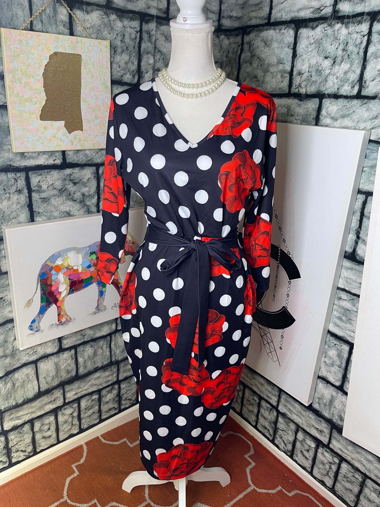 Red black polka dot dress women sz large