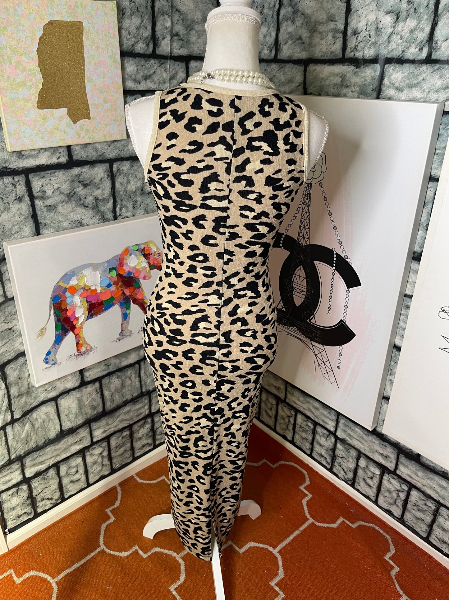 Good Time USA Tan Black Animal Print 2 Piece Dress / Cover Women sz Small