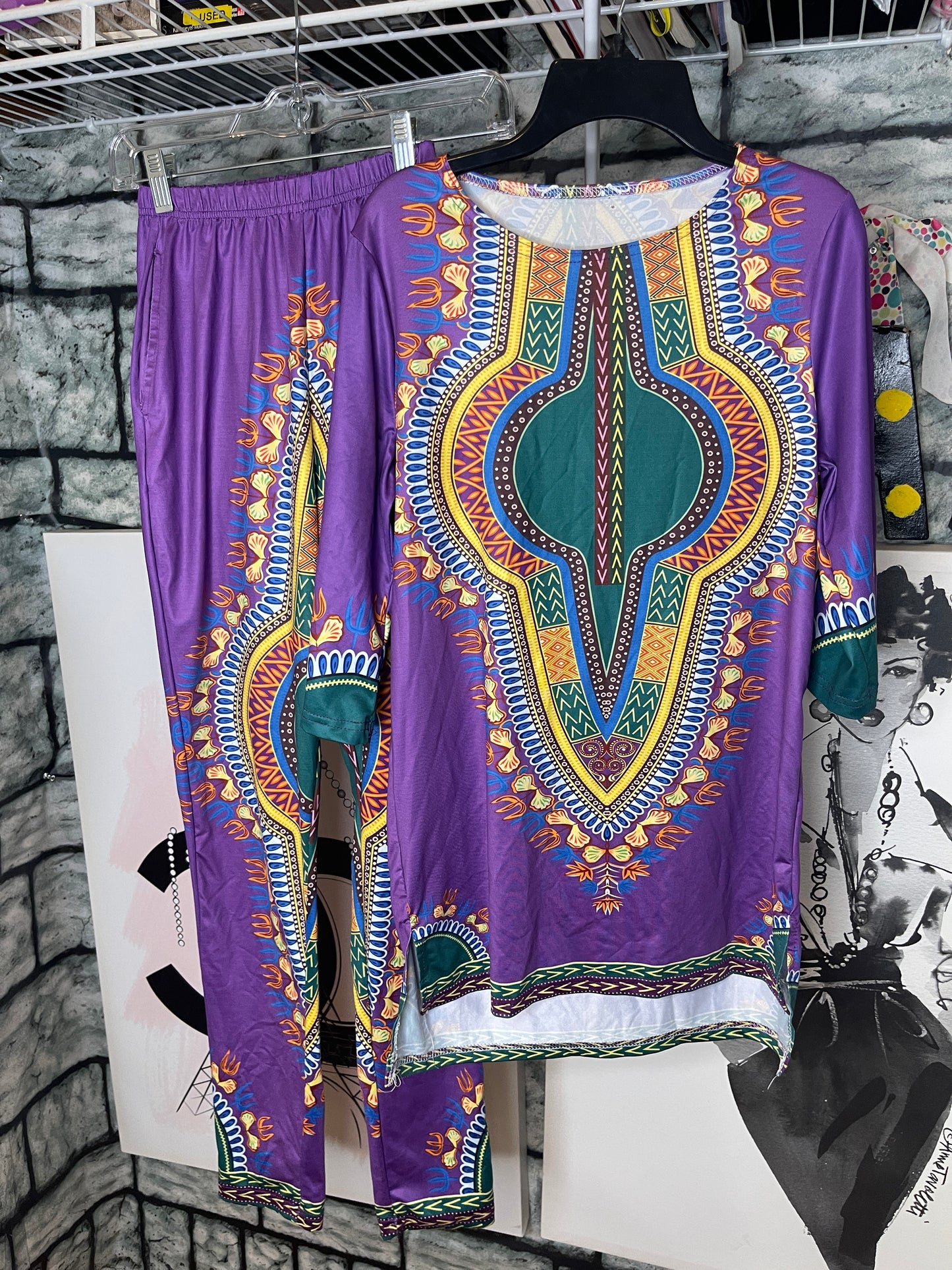 Purple Green 2 piece pants set Women sz Medim