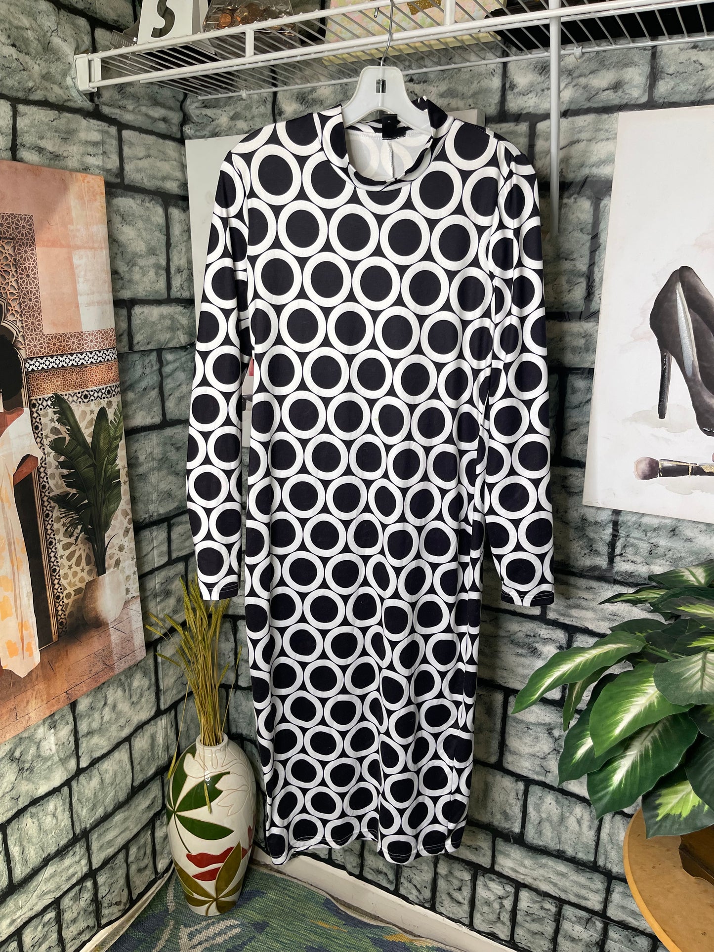 Shein Black White Print Dress Women sz XL