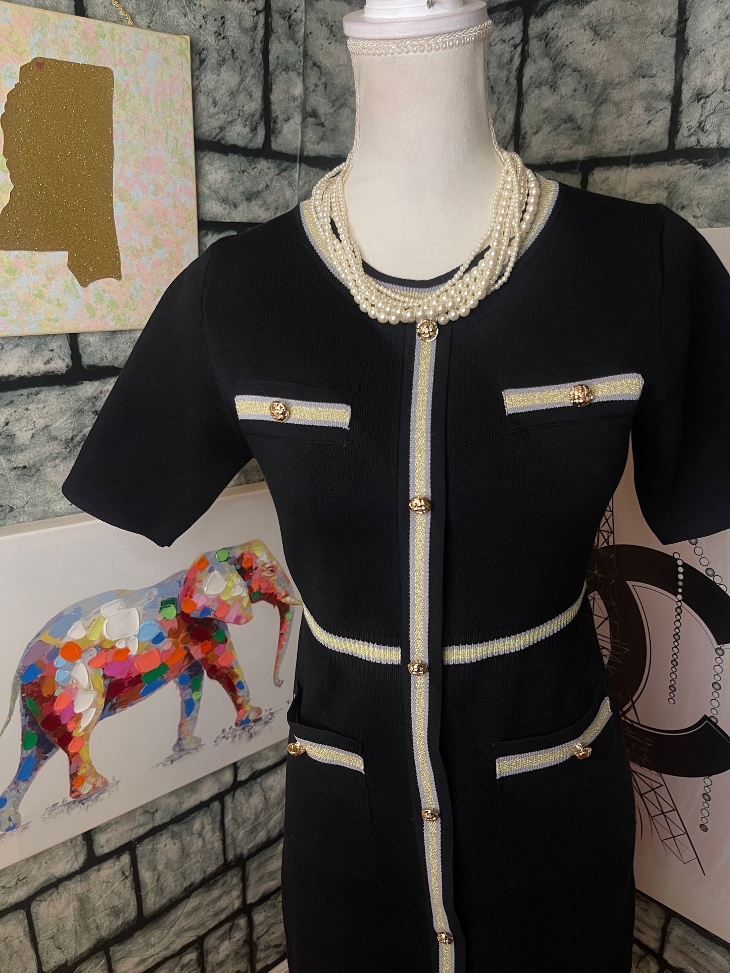 Knit Mix Black Gold Sweater Dress Women sz Medium