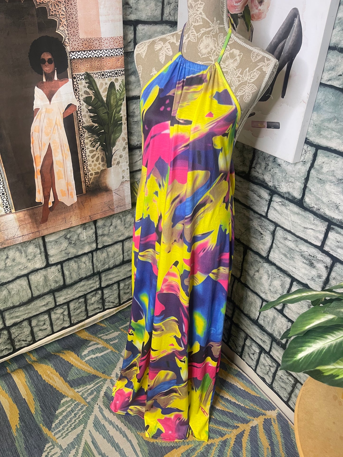 Yellow Colorful Dress Women sz XL