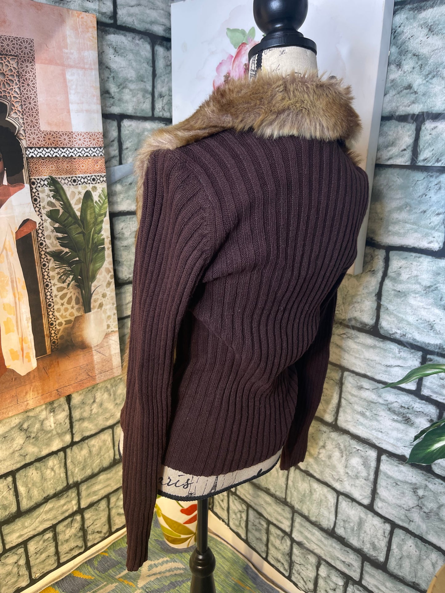 Ms. Lee Brown Fur Sweater Jacket / Top Women sz Small