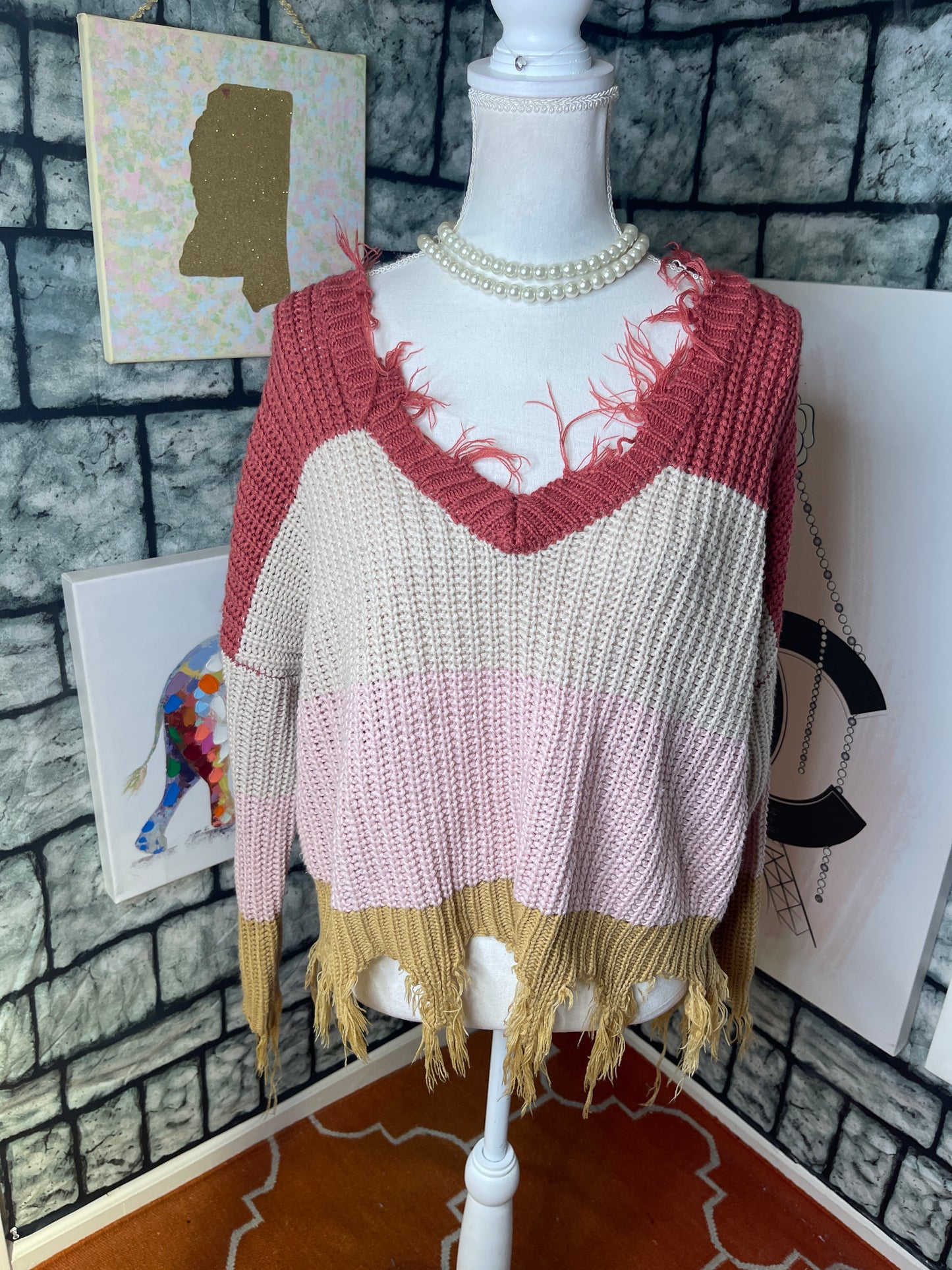 Love Tree Sweater Red Tan Pink Women Sz Large