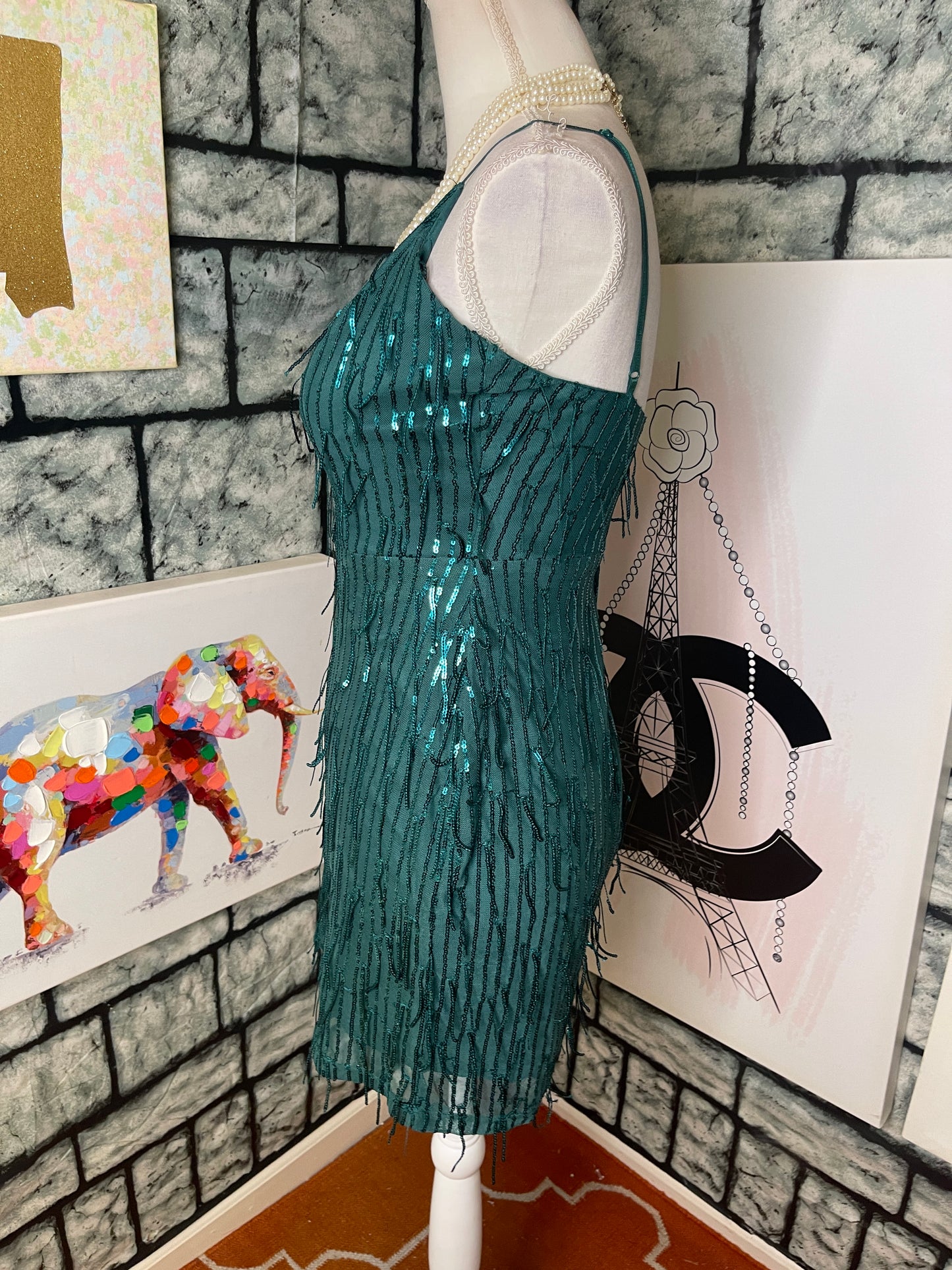 City Vibe Green Fringe Dress Women sz Small