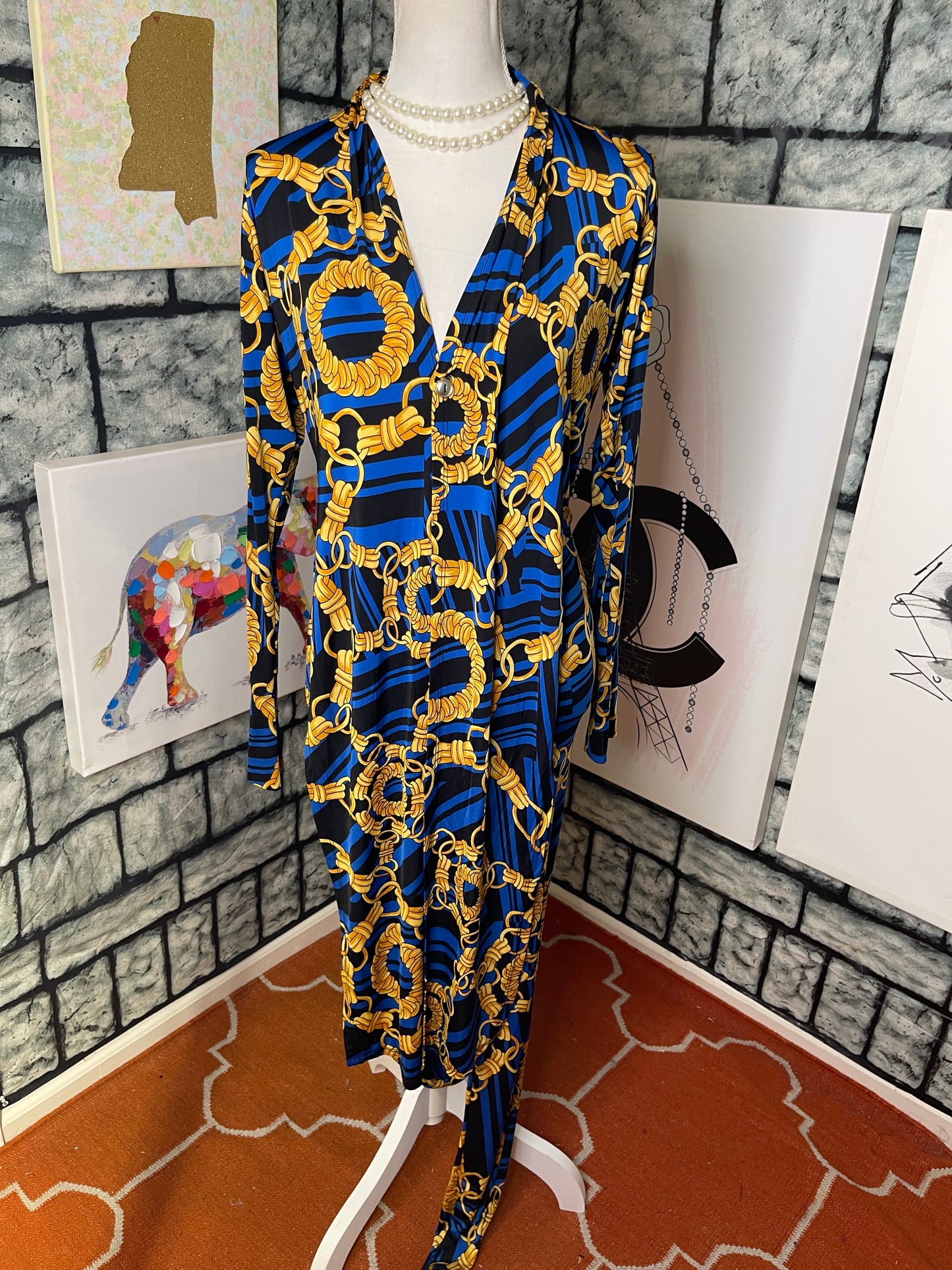 Fashion Nova 2 piece Blue Yellow Chain Pants set Women sz Small