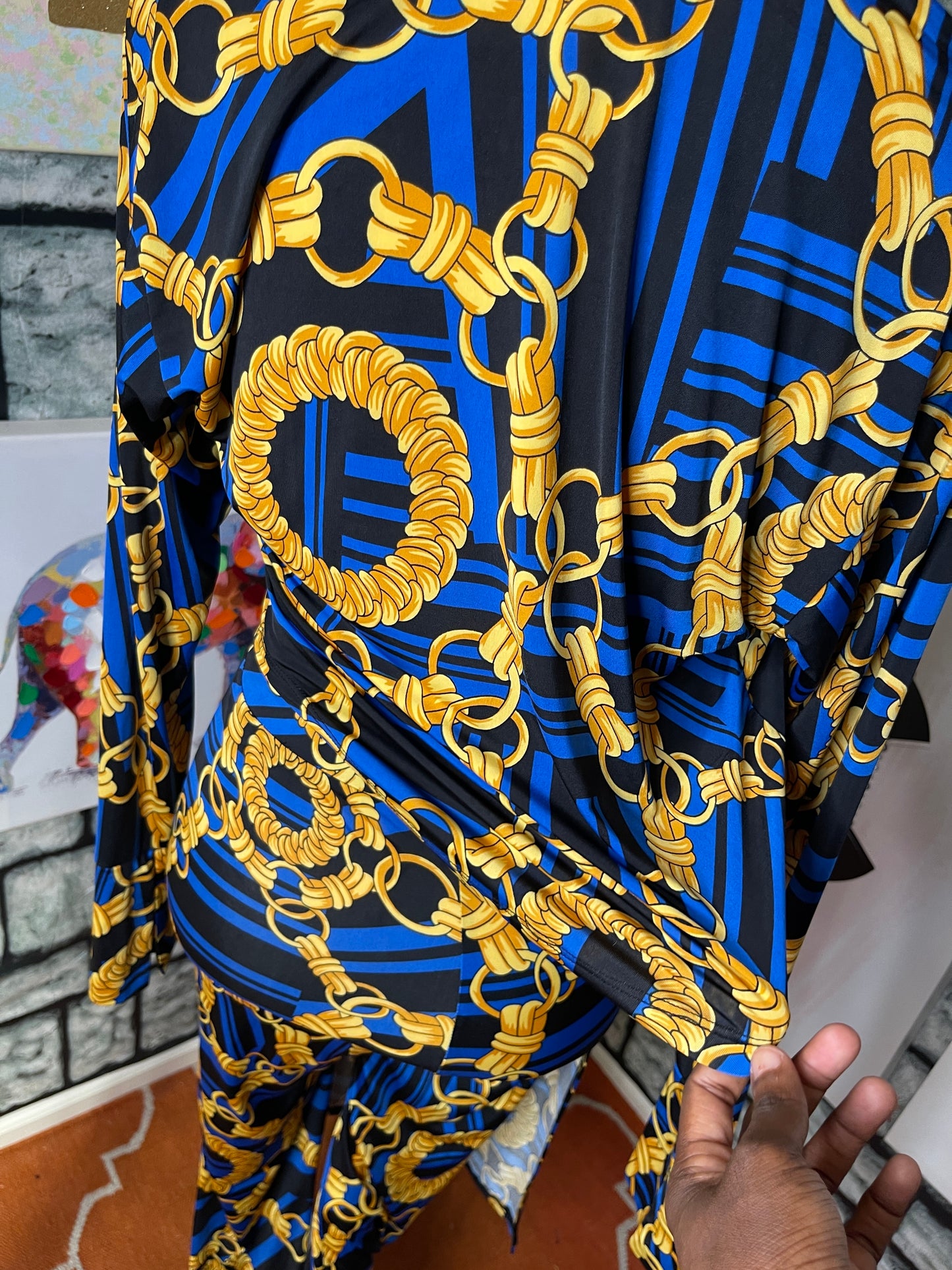 Fashion Nova 2 piece Blue Yellow Chain Pants set Women sz Small