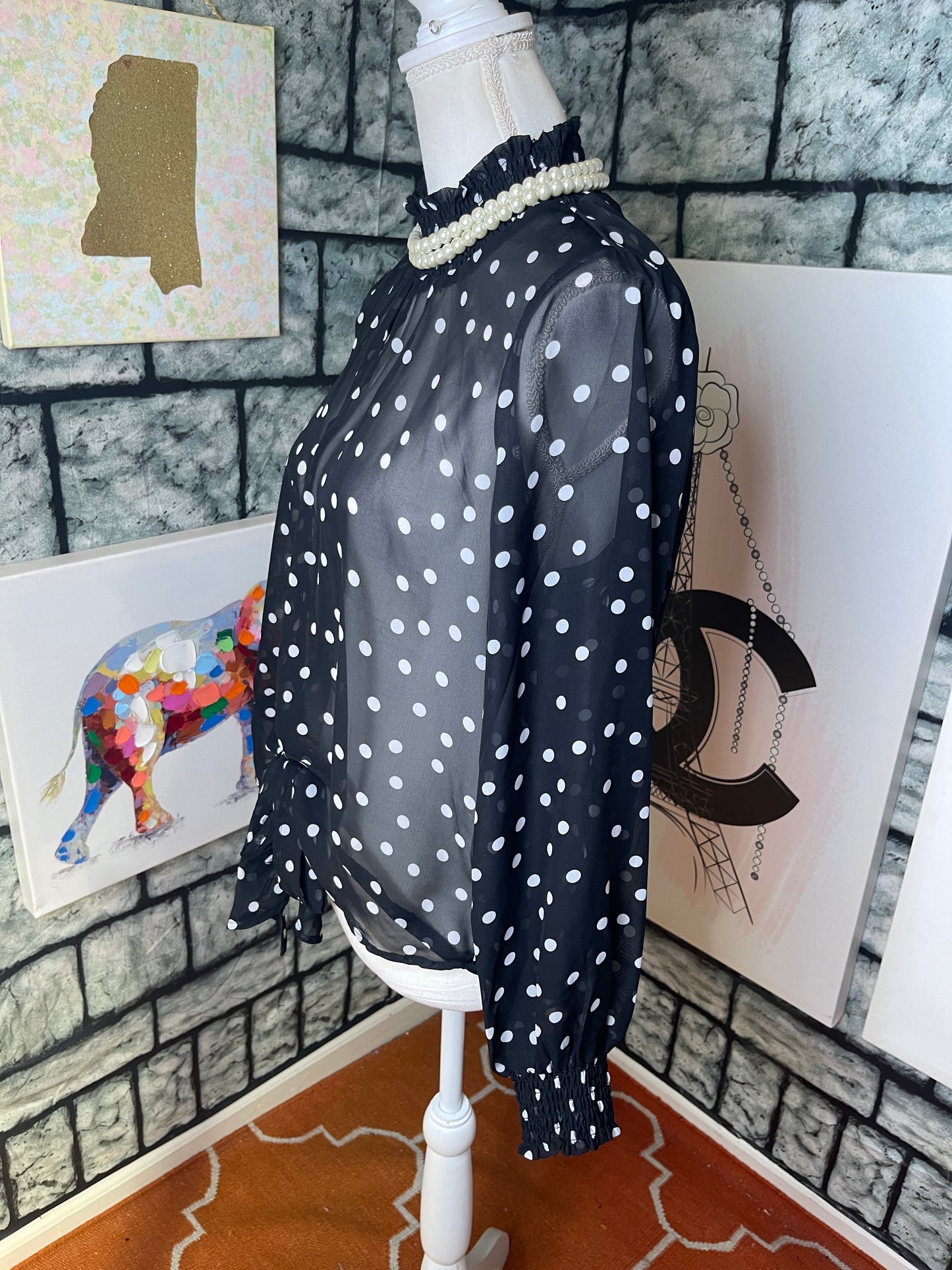 Miss Lili Black White Polka Dot Blouse Women sz Large