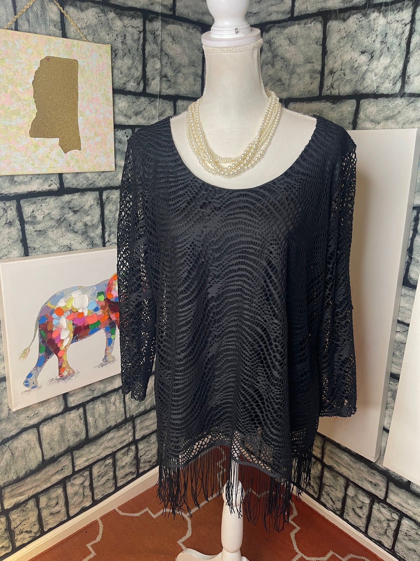 Melissa Paige Black Fringe Blouse Women sz XL