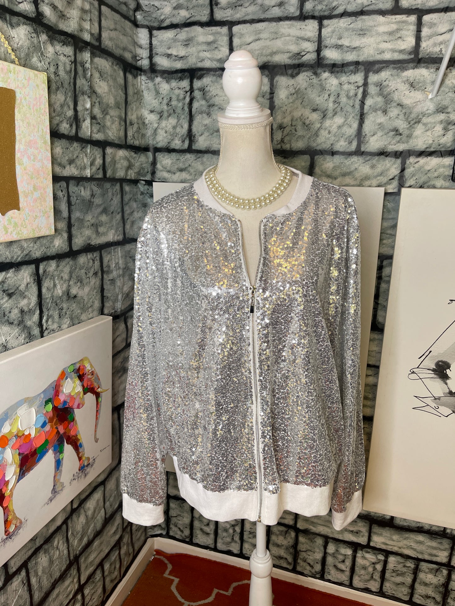 Kancy Kole silver sequin jacket women sz 2xl