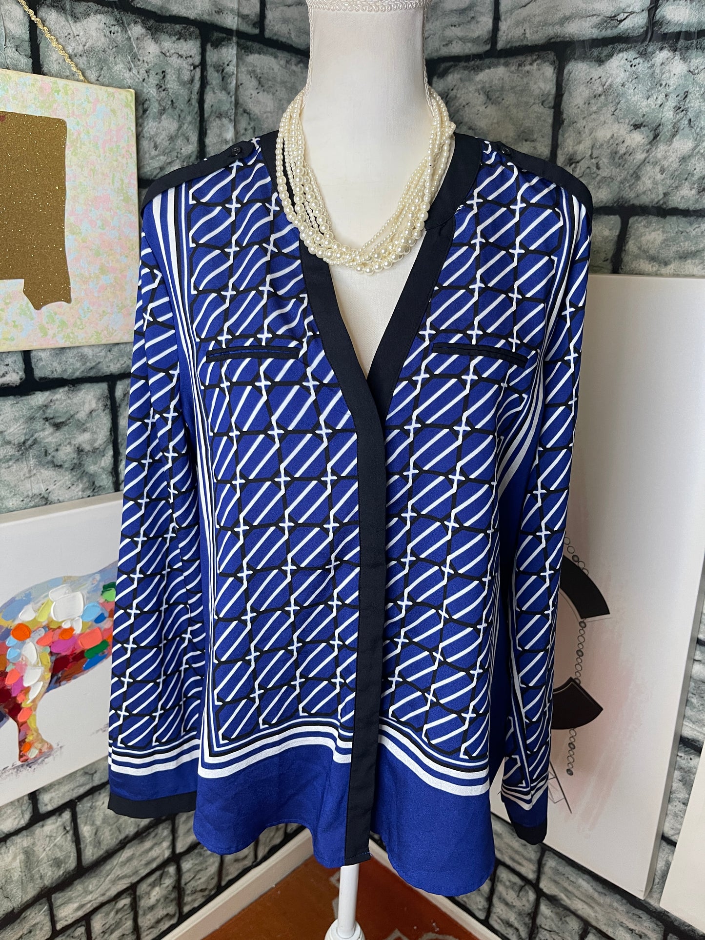 New York & Co Blue White Blouse Women sz Large