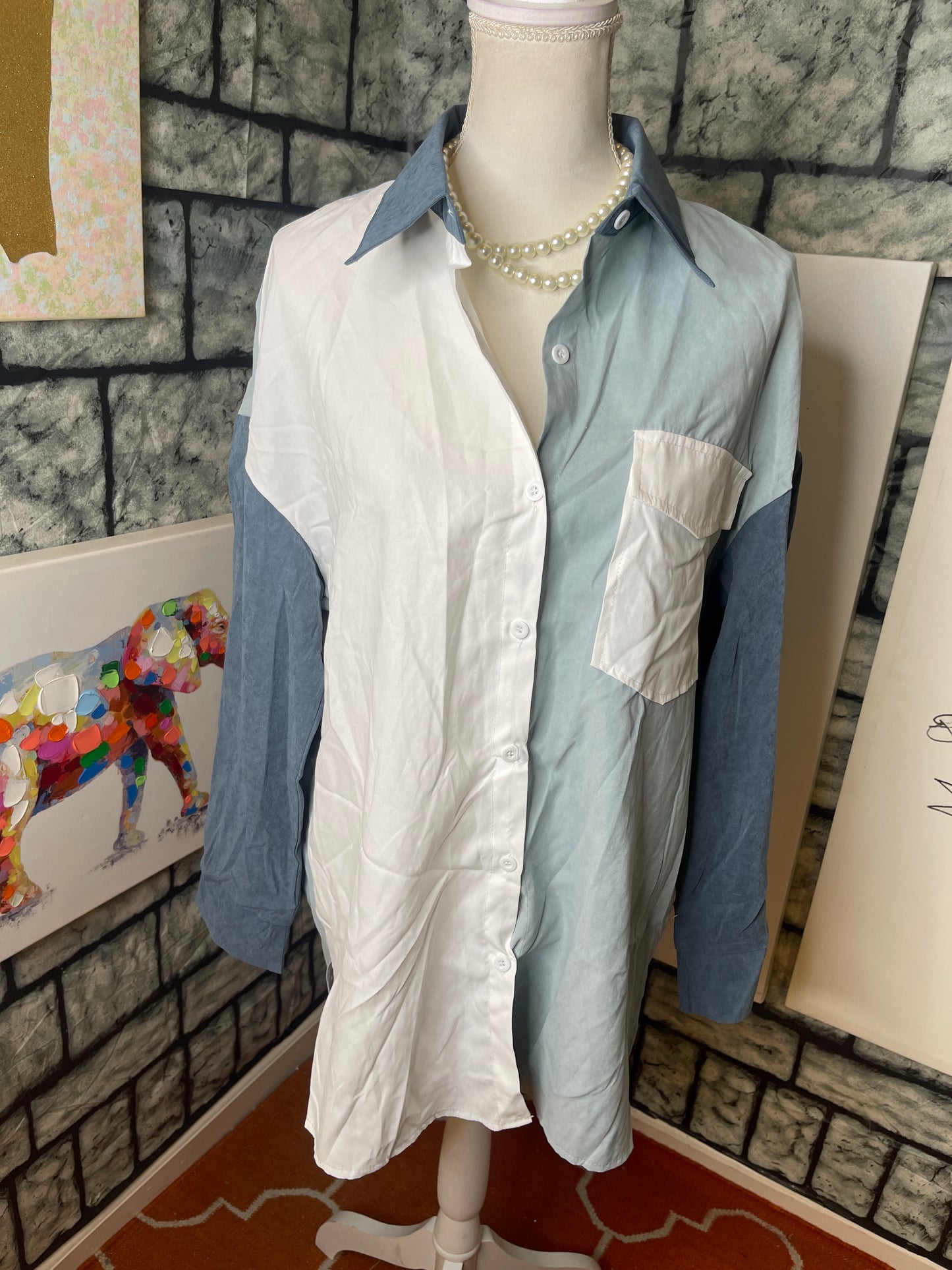 Shein blue white shirt dress women sz medium