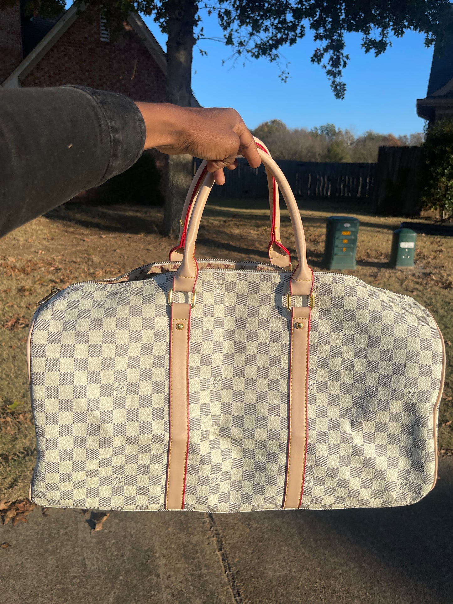 LV beige gray duffle bag