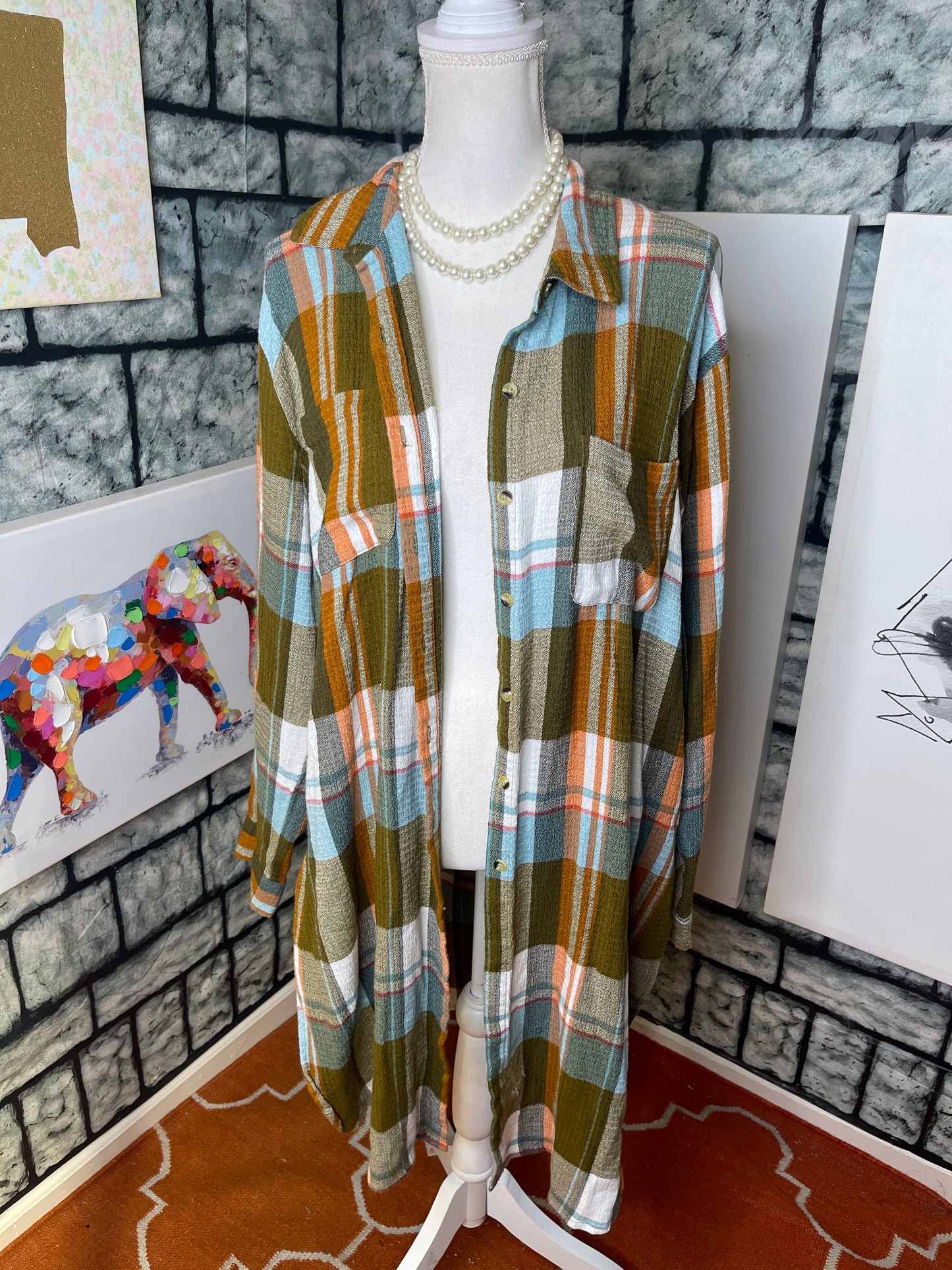 Est 1946 Tan Orange Green Button Dress Women sz XL