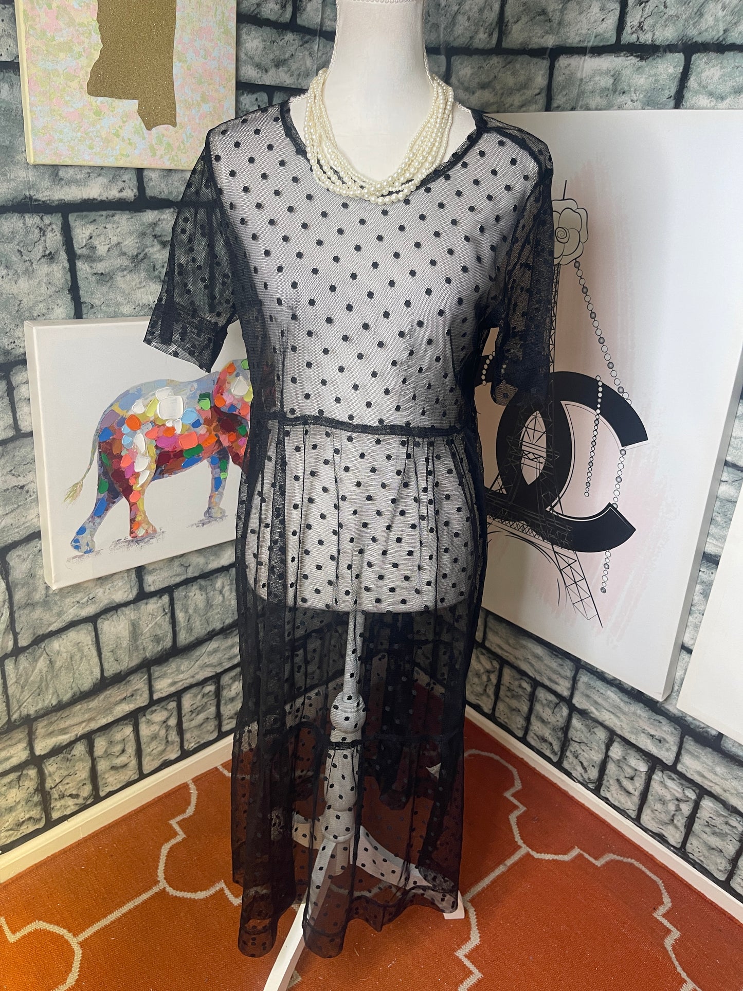 Black Polka Dot Sheer Dress Women sz Large