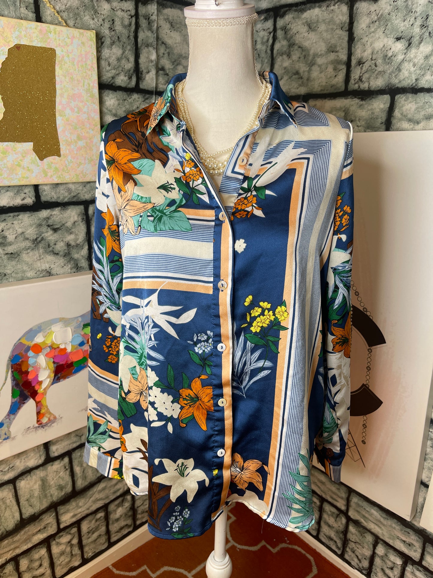 Fashion Nova Blue Green White Button Down Blouse Women Sz Small