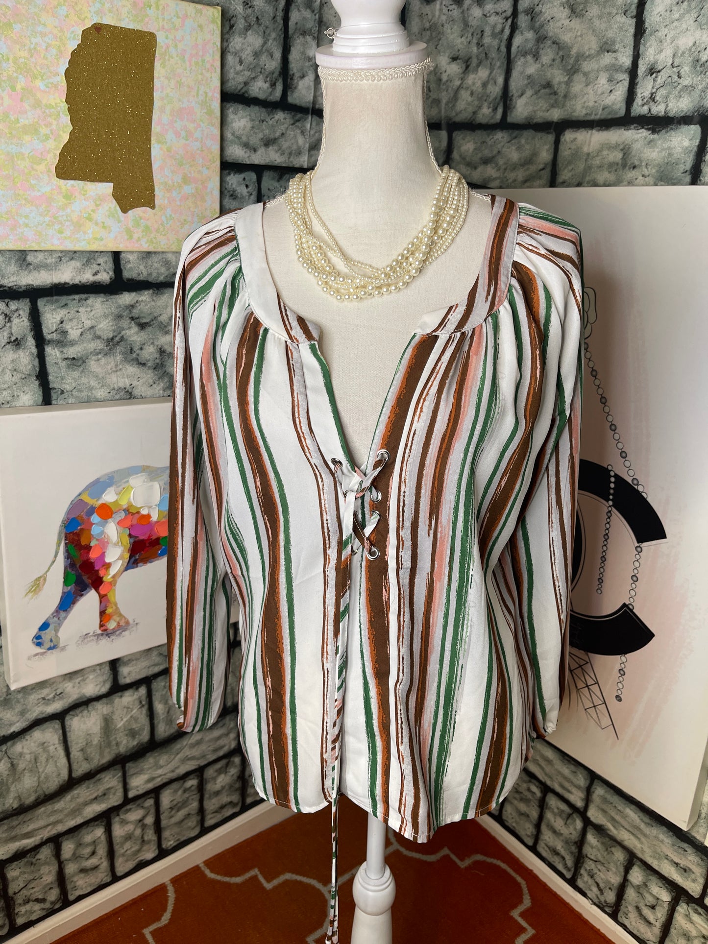 Liberty Green White Blouse Women sz Large