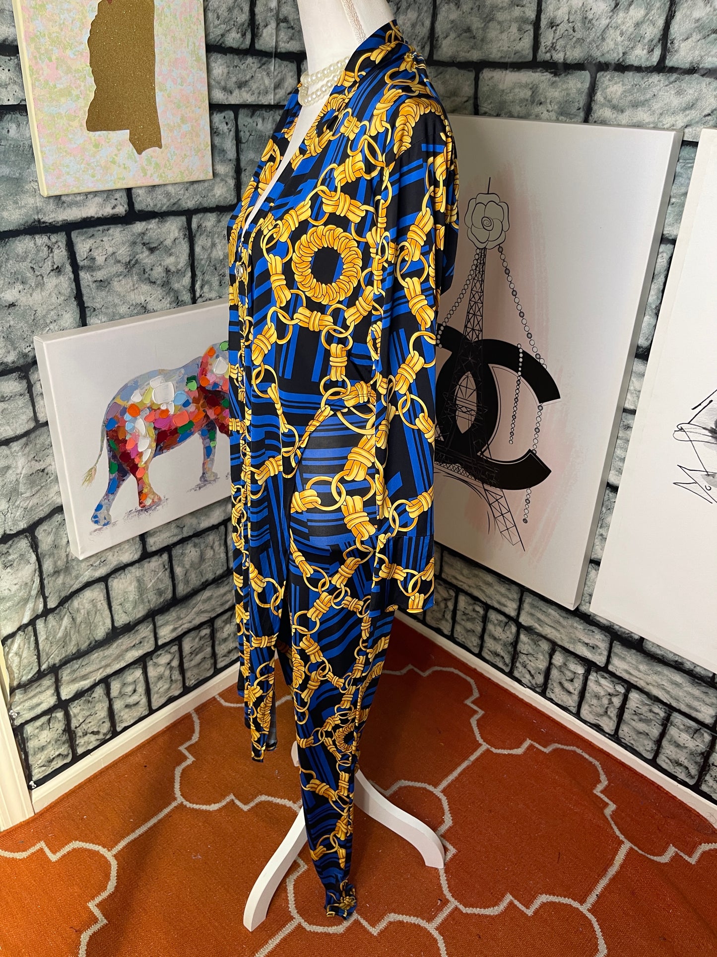 Fashion Nova 2 piece Blue Yellow Chain Pants set Women sz Small
