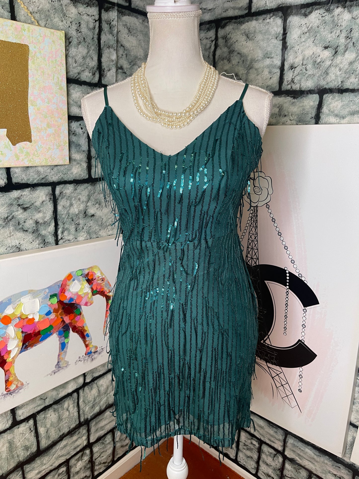 City Vibe Green Fringe Dress Women sz Small