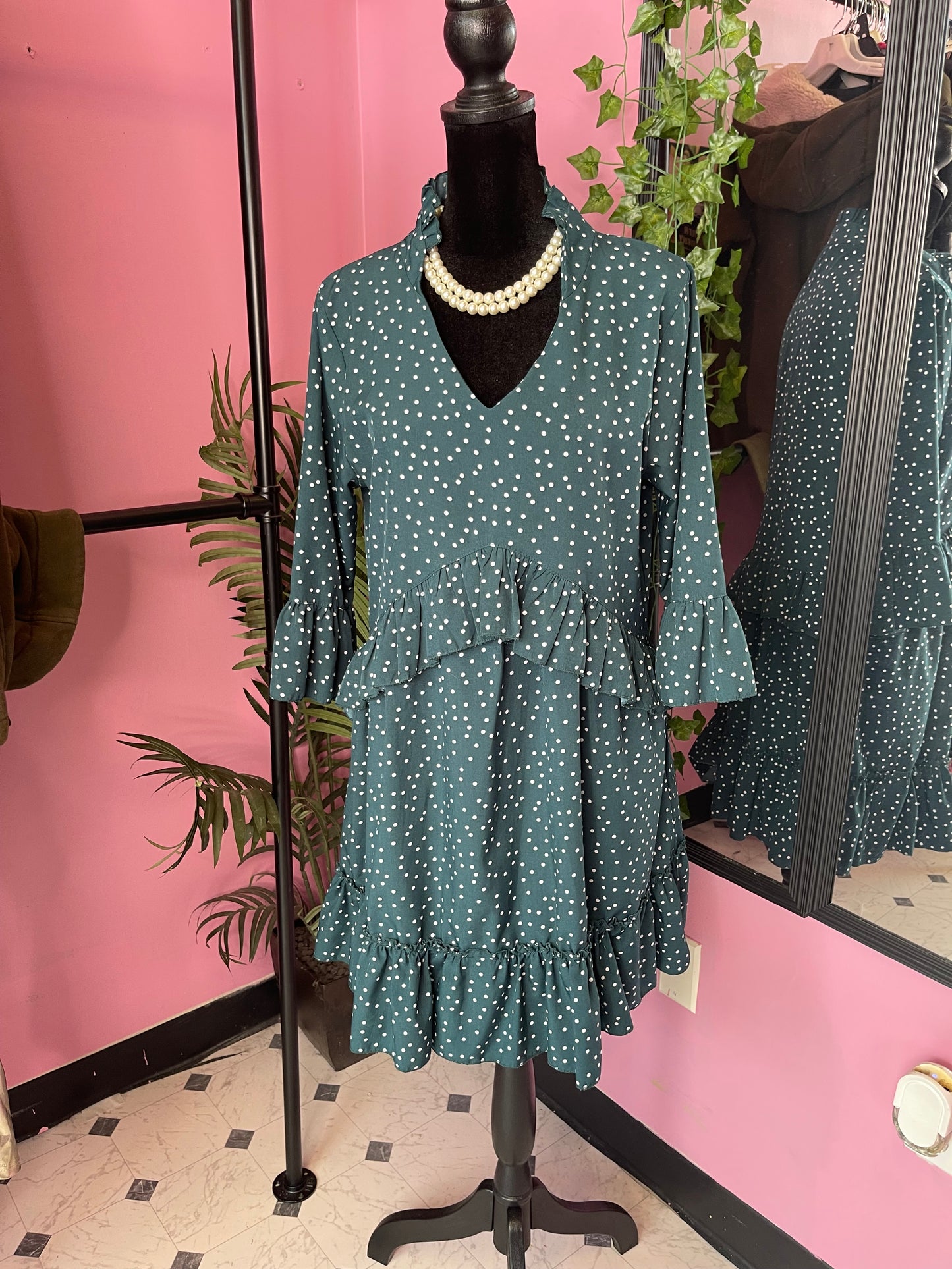 Green White Polka Dot Dress Women sz Small