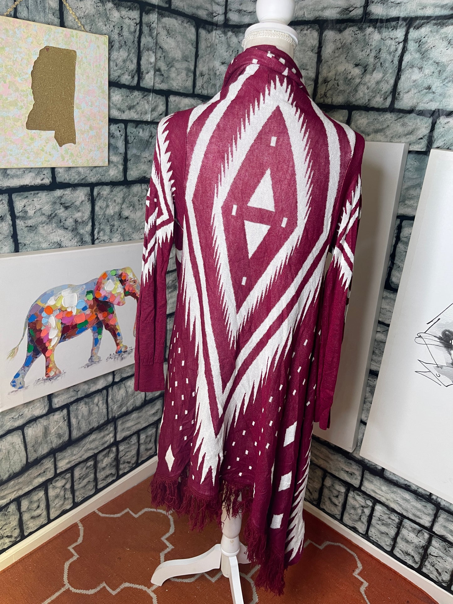 MY Michelle Burgundy and White cardigan Women Sz Large