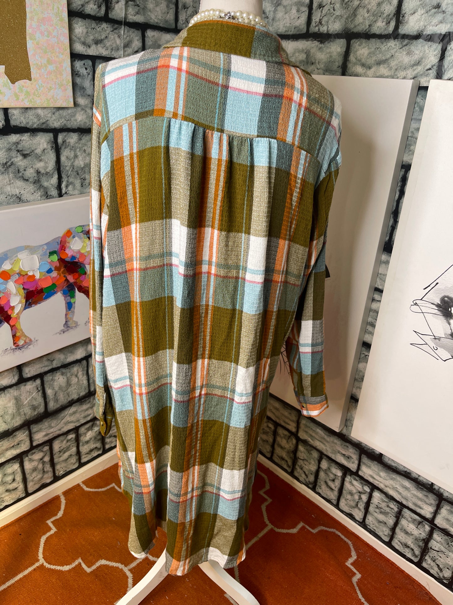 Est 1946 Tan Orange Green Button Dress Women sz XL