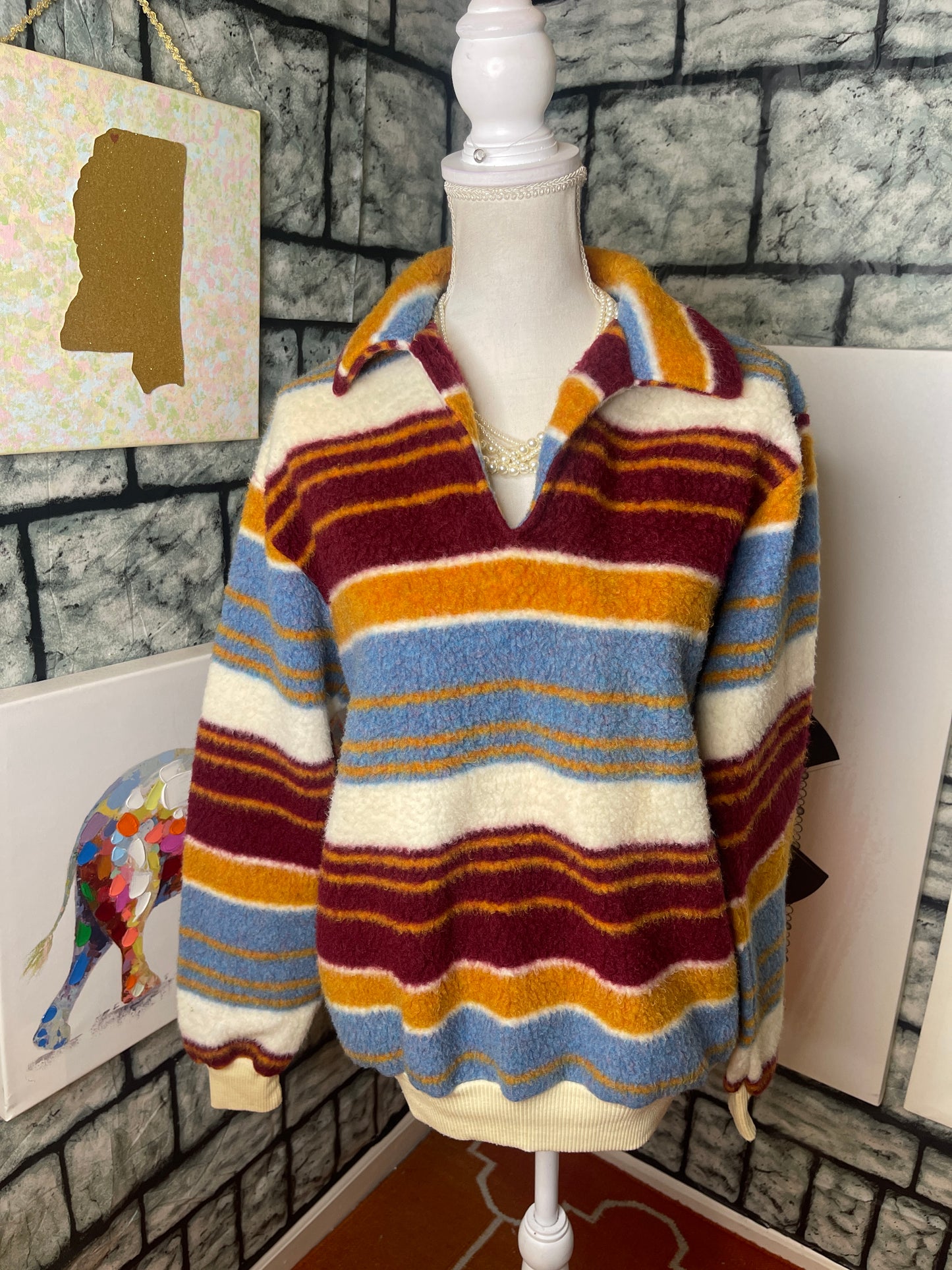 Burgundy Blue Yellow Soft Sweater Women sz Large