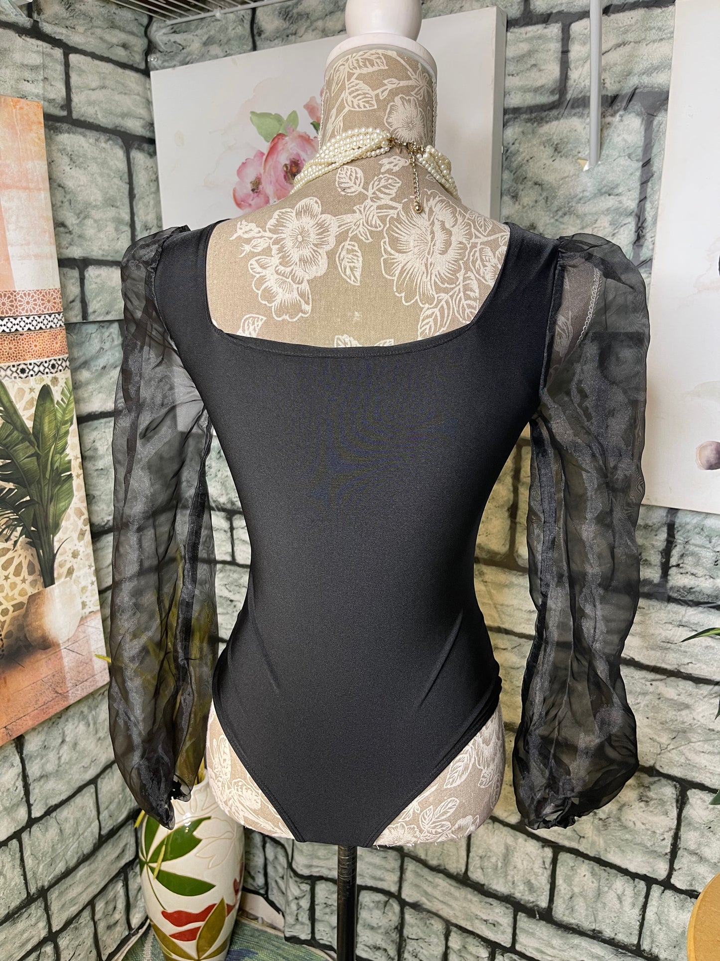 Blue Blush Black Bodysuit Blouse Women sz Small