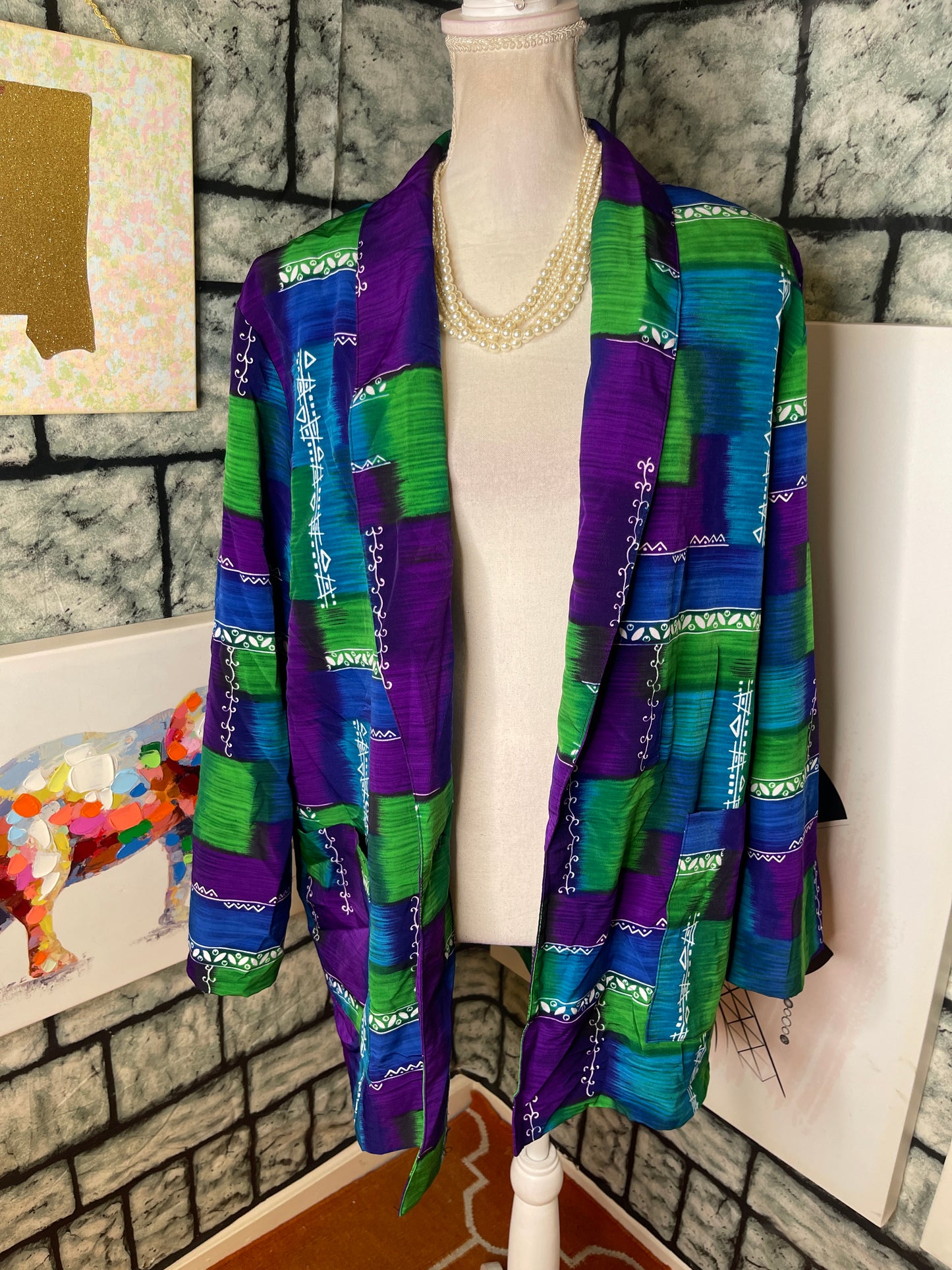 MJ Carroll Purple Green Blue Blazer Blouse Women sz Large