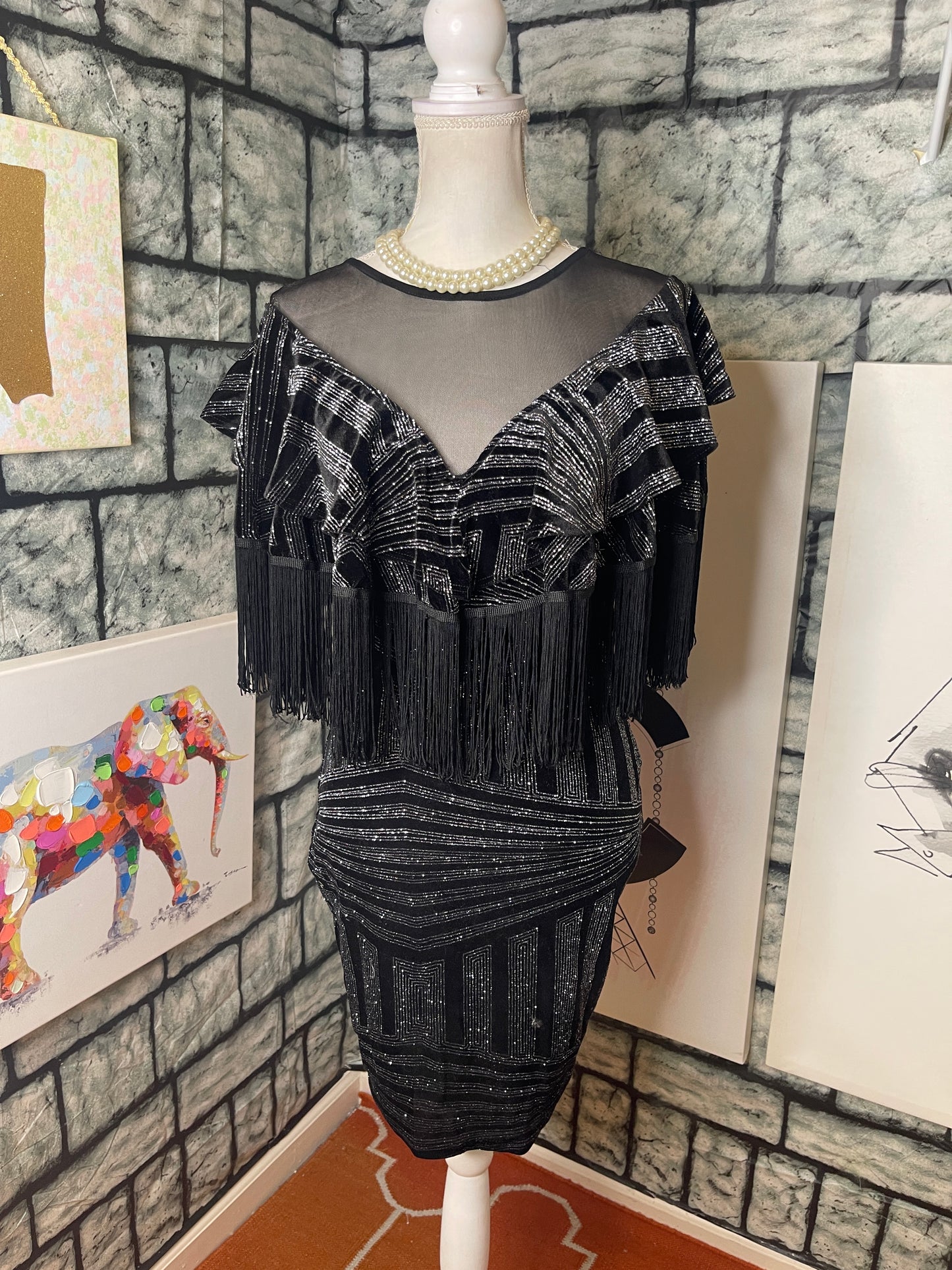 Monaco black silver fringe dress women sz Large