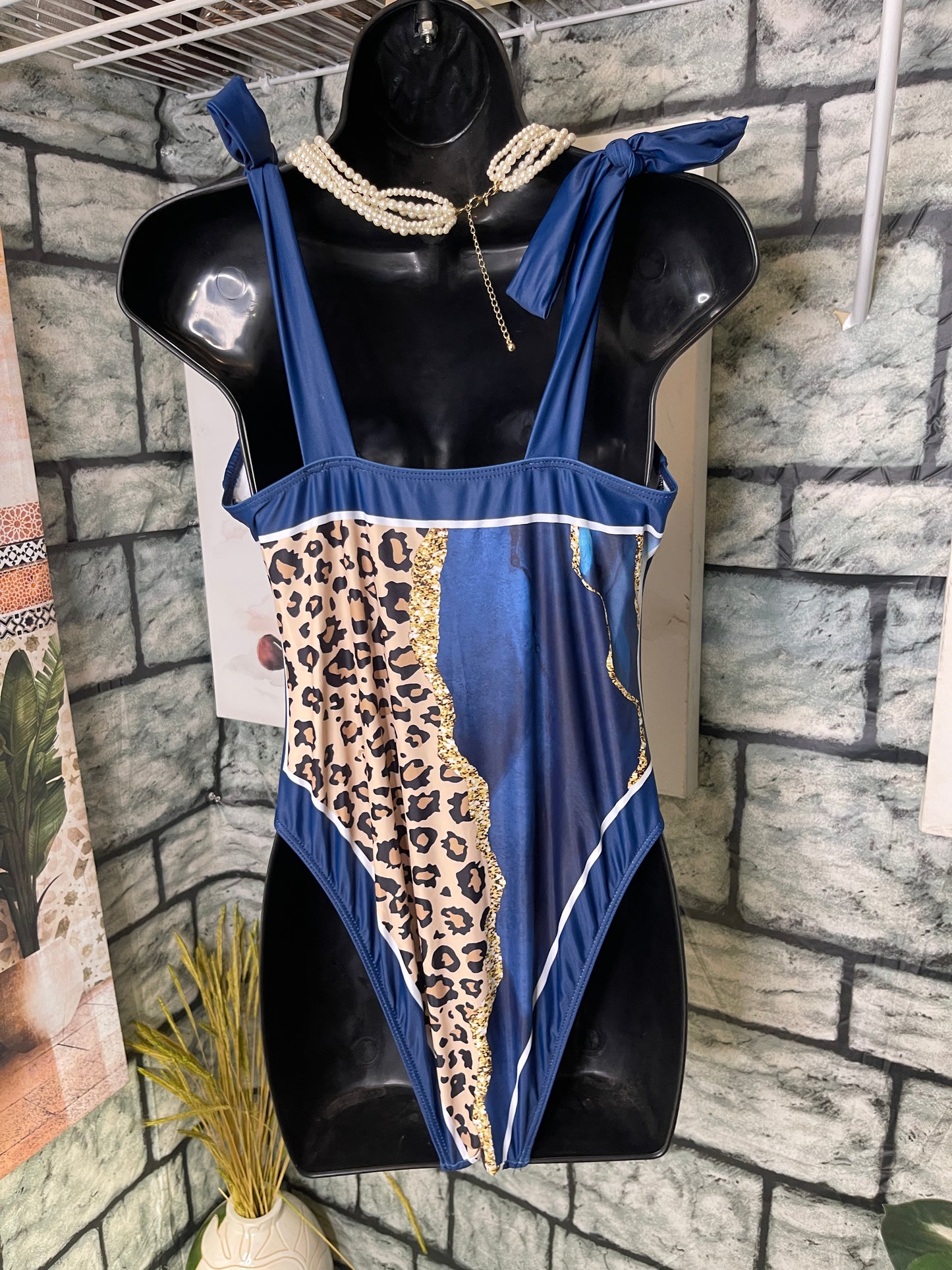 NEW Blue Tan Print Swimsuit Women sz 0XL (BEST FIT LARGE)