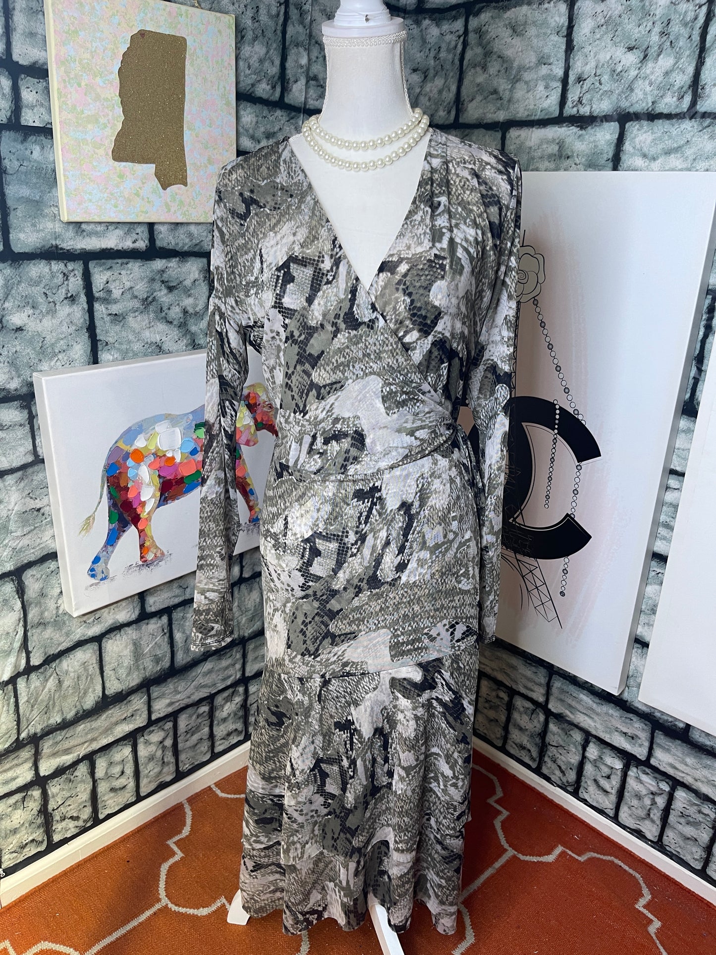 White House Black Market Green Gray Dress Women sz 14