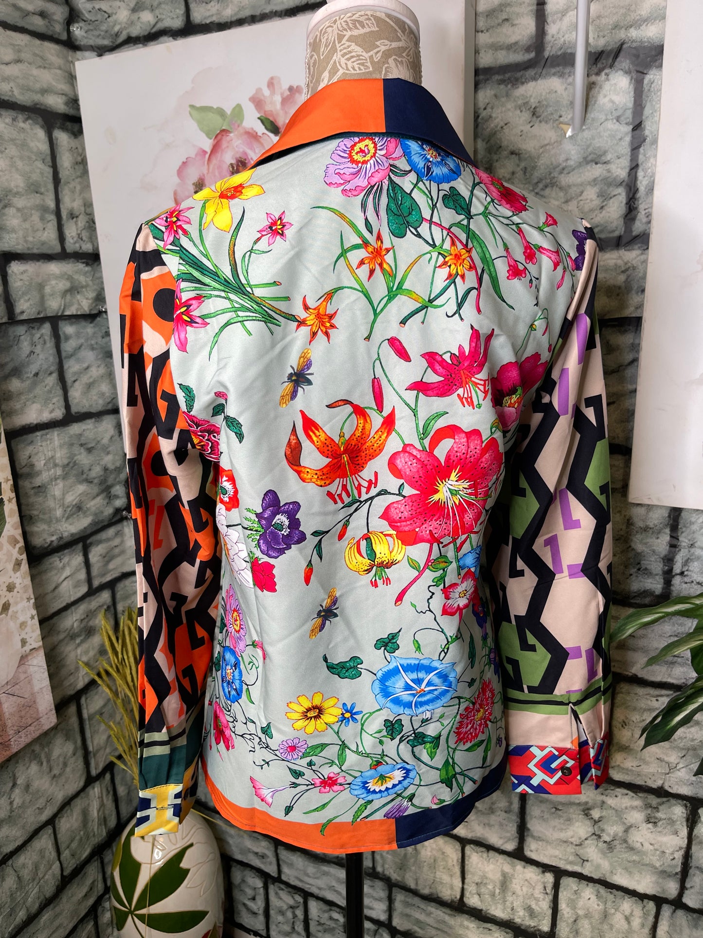 Green Floral Print Blouse Women sz Large