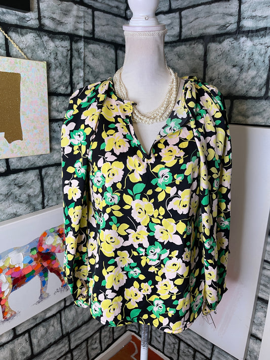 Who What Wear Black Yellow Pink Floral Blouse Women sz Small