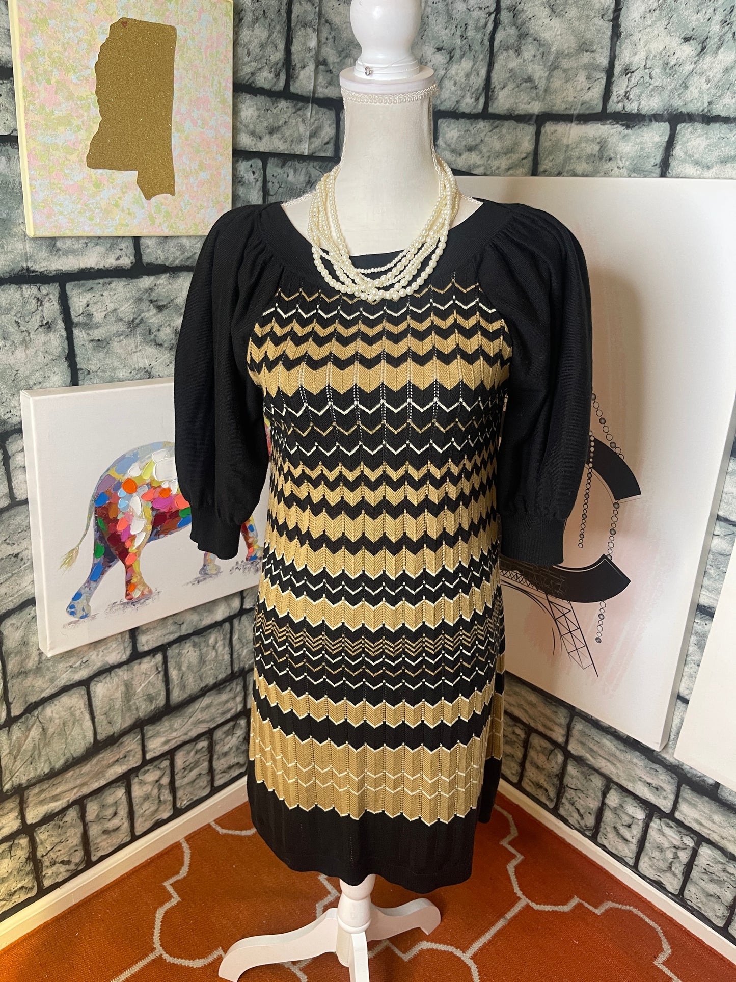 New Directions Tan Black Sweater Dress Women sz Medium
