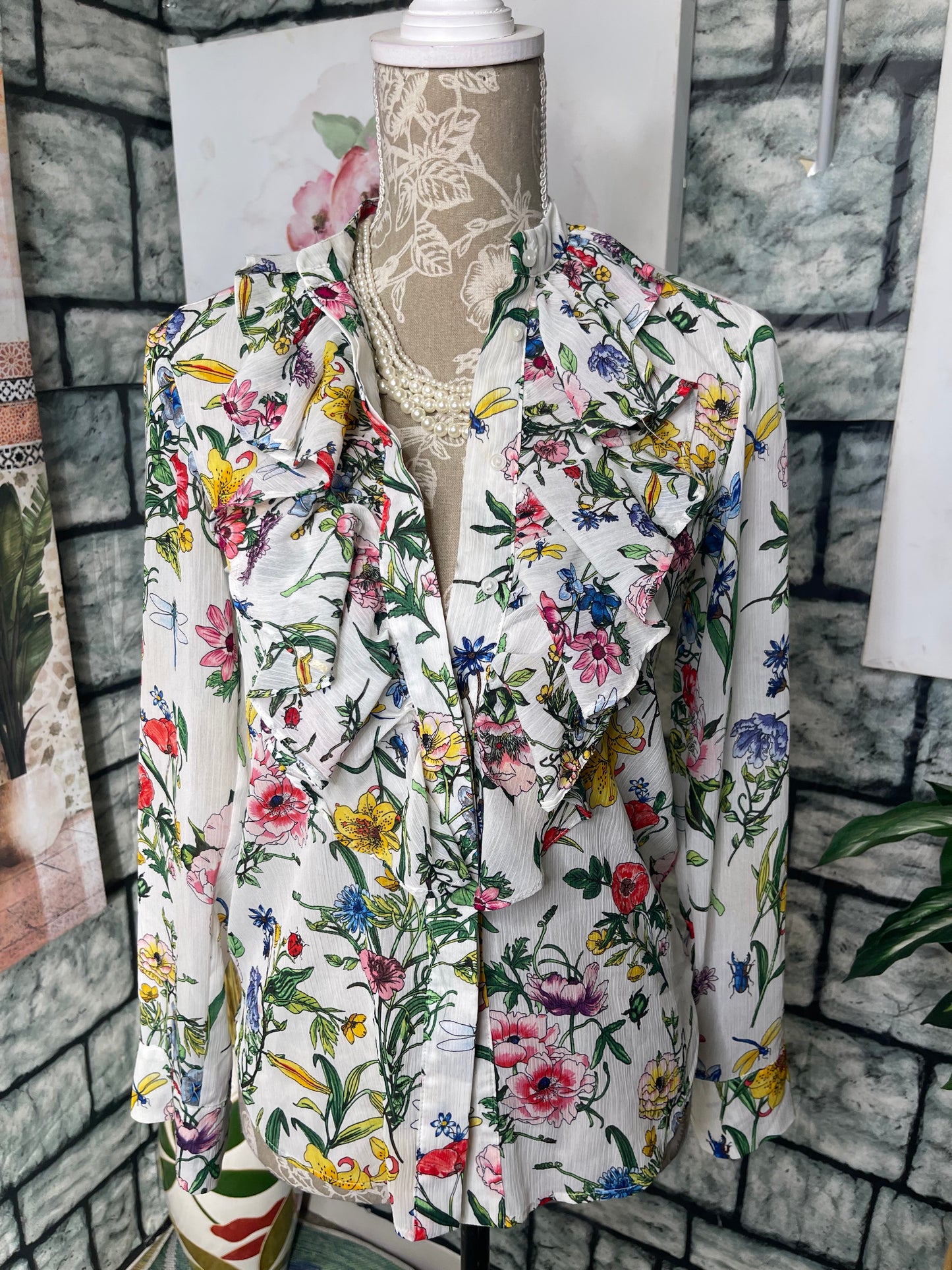 H&M White Floral Blouse Women sz 2