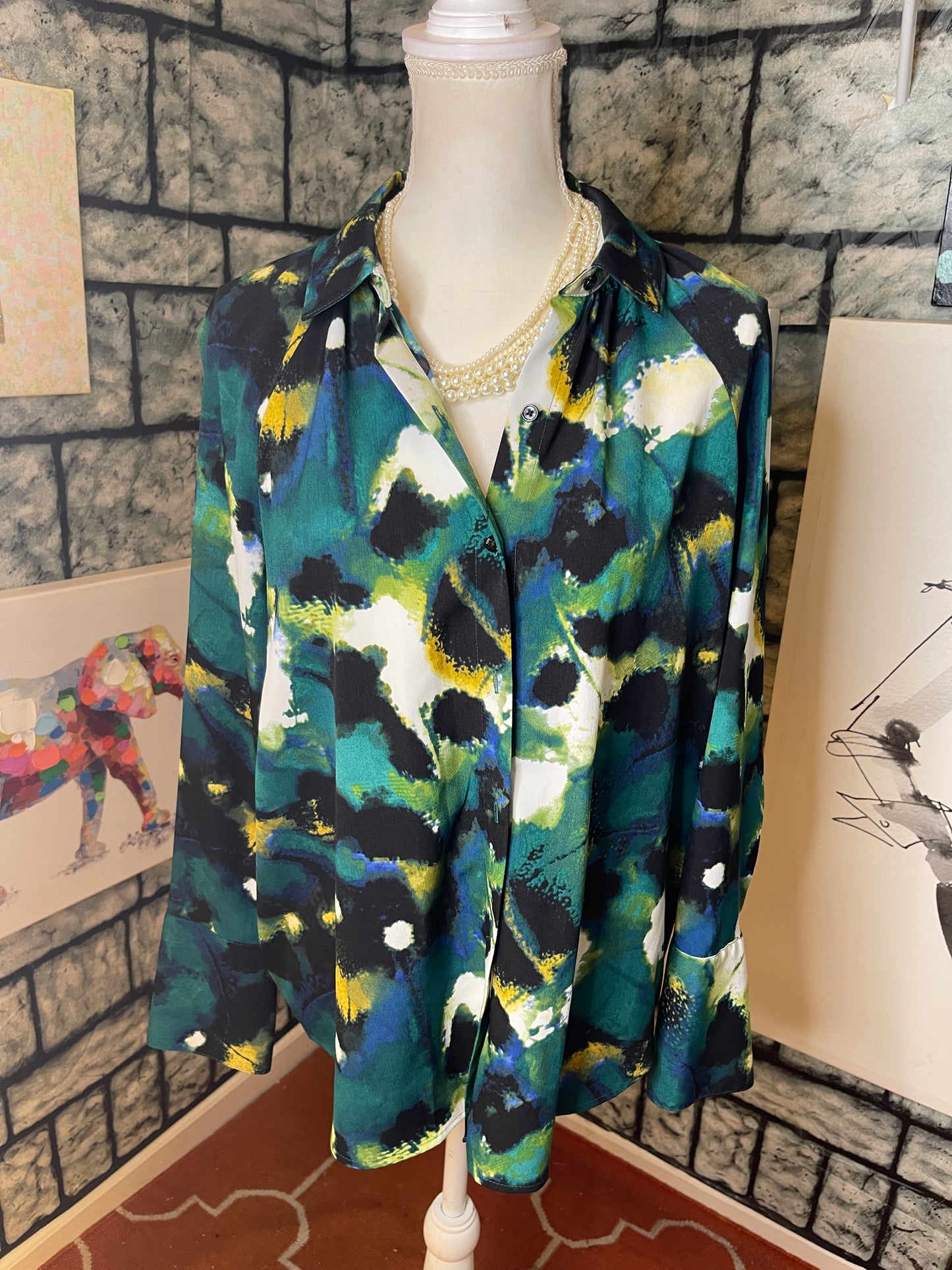 Investments Green Blue Black Button Down Blouse Women Sz Medium