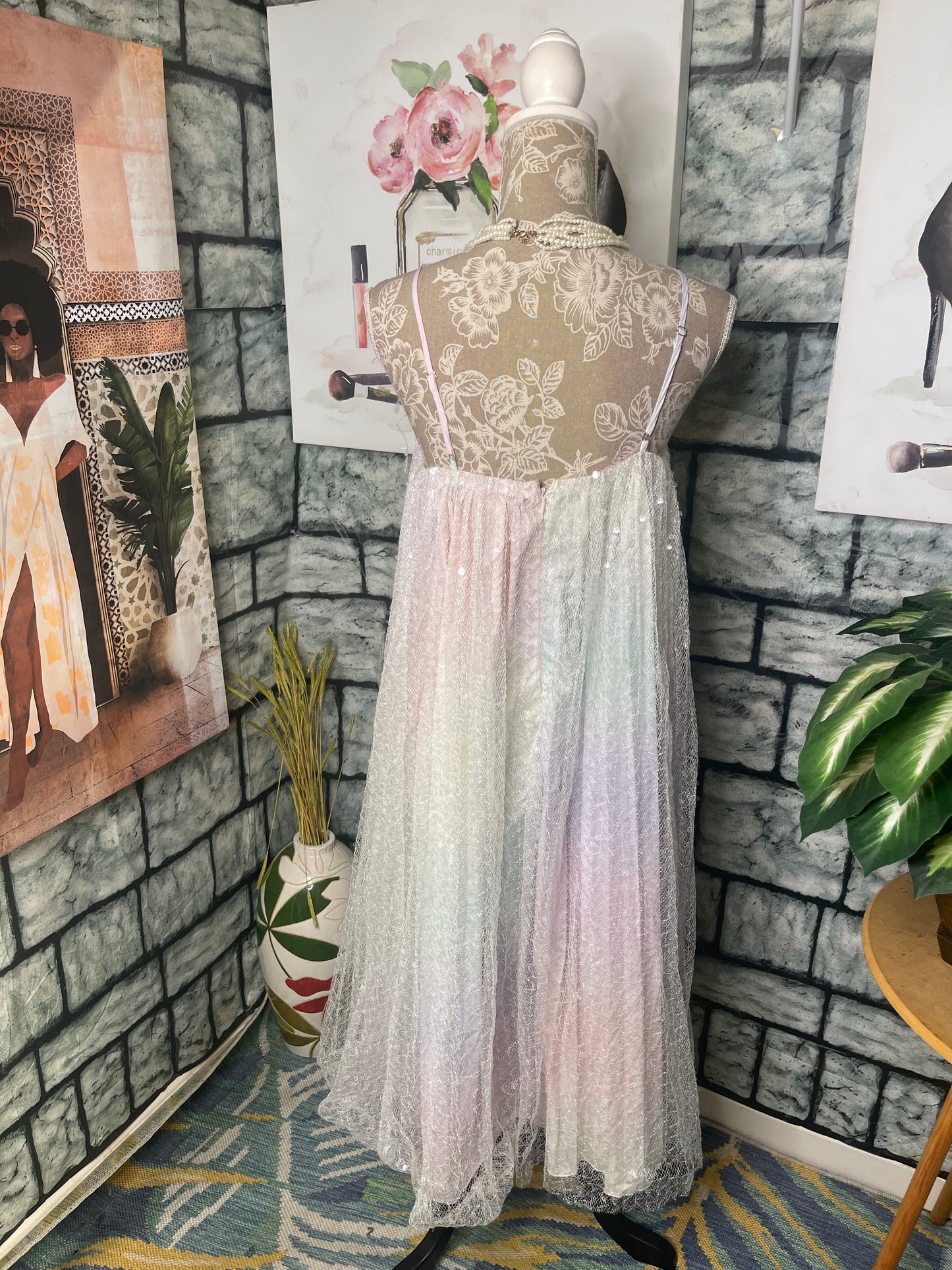 L'Atiste Pink Green Sequin Dress Women sz Medium